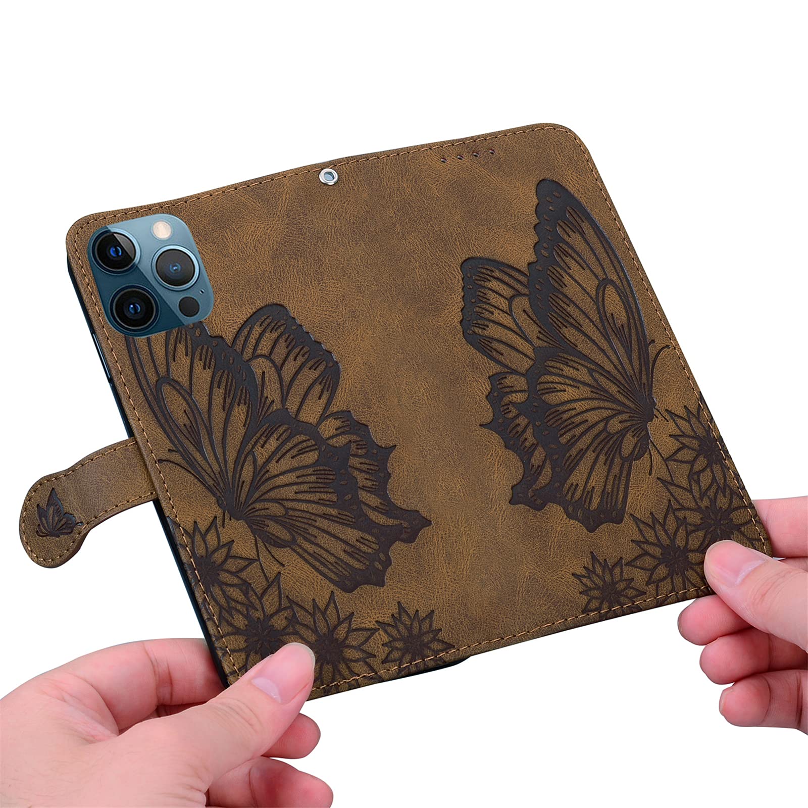 Vintage Embossed Butterfly Leather Wallet Case for iPhone 12 Pro Max - PU Leather Book Style Shockproof Cover (Brown CY3) | Perfect for Daily Use, Travel & Business Protection