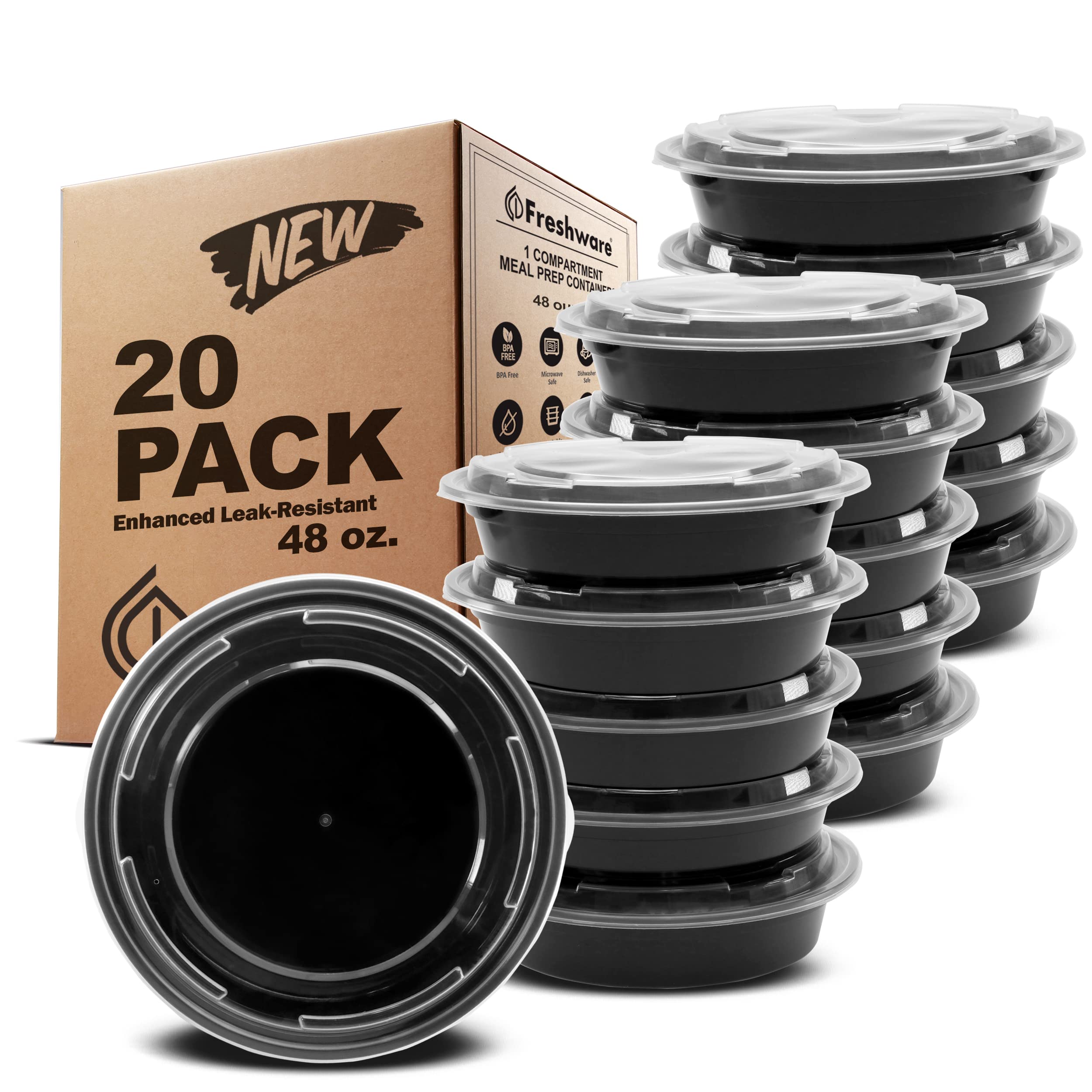 Freshware 20-Pack Meal Prep Containers with Lids - 48oz Bento Box for Soup, Salad & Food Storage - Microwave & Dishwasher Safe - Perfect for Meal Prepping, Office Lunches & Picnics