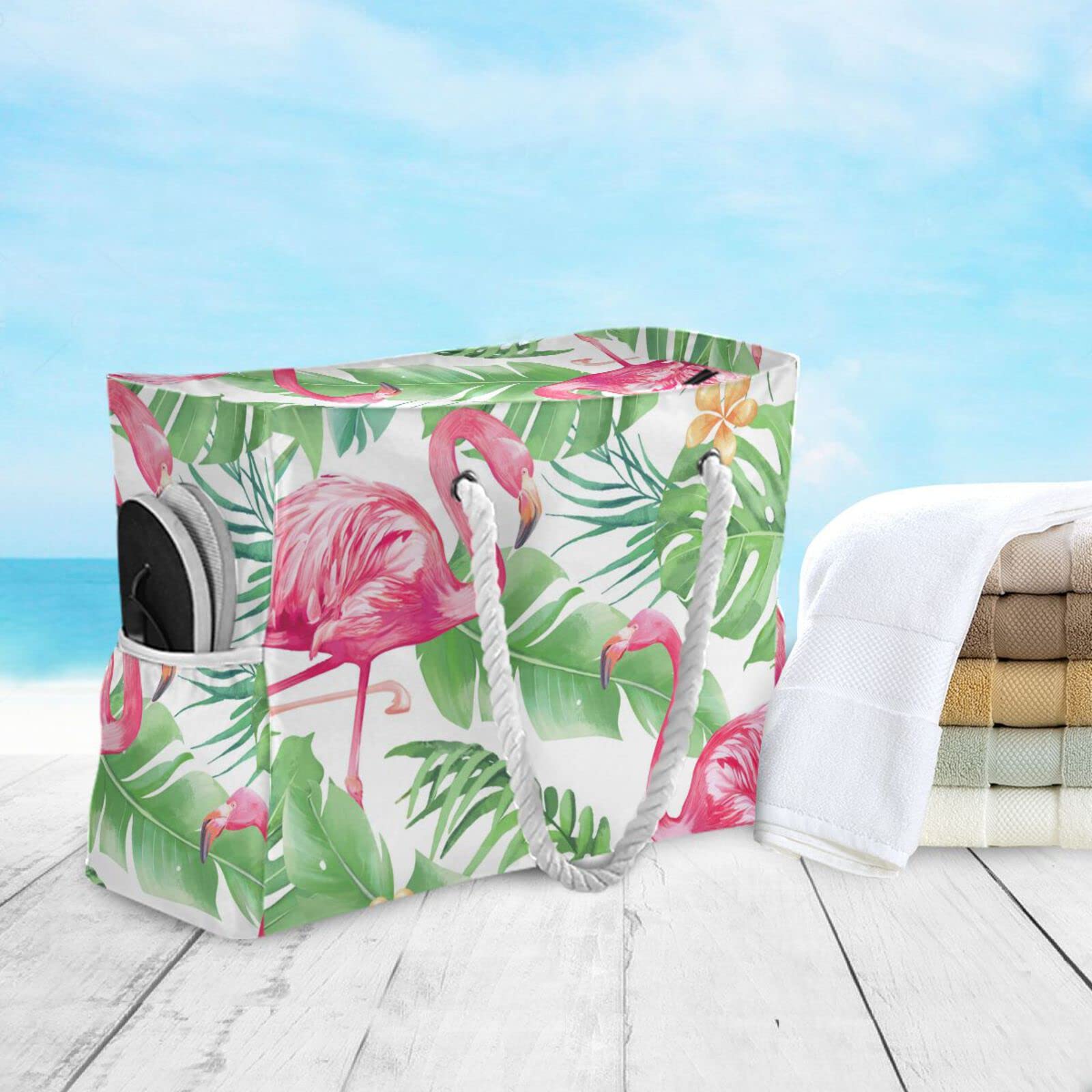 Vikko Pink Flamingo Print Large Beach Tote Bag - Waterproof Zippered Travel Shoulder Bag for Women & Girls - Perfect for Pool, Vacation, Shopping and Summer Outings
