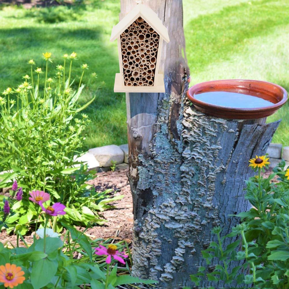 Wooden Bee House for Garden - Natural Wooden Insect Hotel with Tubular Channels, Outdoor Balcony & Patio Decoration - Attracts Pollinators for Eco-Friendly Gardening