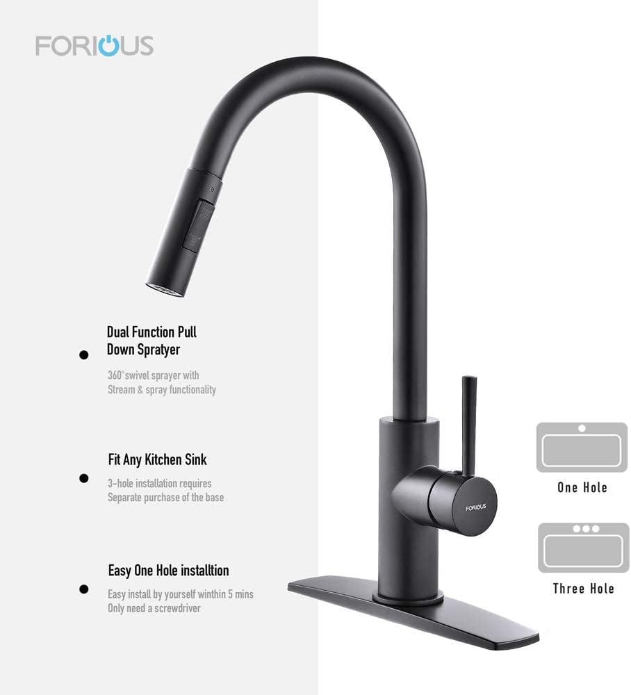 FORIOUS Black Stainless Steel Kitchen Faucet with Pull Down Sprayer - High Arc Gooseneck Modern Sink Faucet, Single Handle Design with CUPC Ceramic Cartridge & Deck Plate for Easy Installation - Perfect for Home Kitchen, Restaurant, and Commercial Use