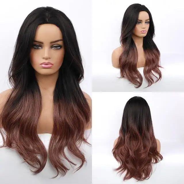 Ombre Black to Brown Synthetic Long Natural Wave Wig for Women - Perfect for Cosplay, Halloween, and Daily Fashion Styling
