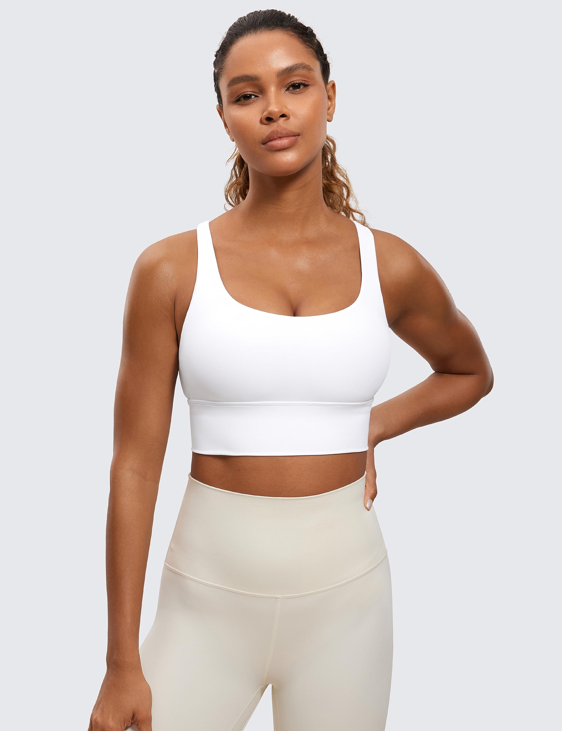 CRZ YOGA Women's Medium Impact Sports Bra - Criss Cross Strappy Longline Workout Top with Padded Support for Yoga, Gym & Running