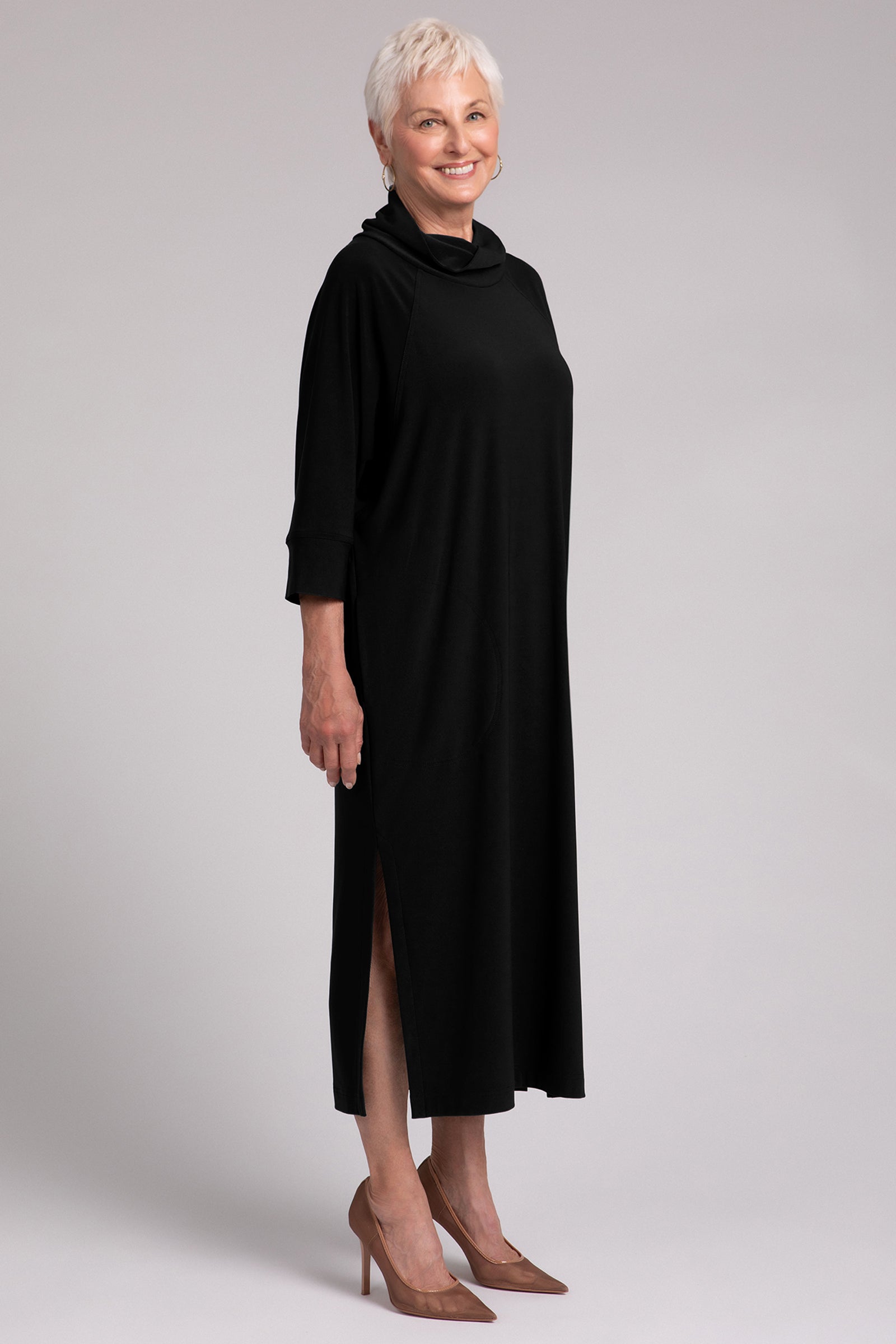 Cozy Raglan Funnel Neck Dress for Women - Soft Long Sleeve Black Dress | Perfect for Work, Date Night & Fall Outfits