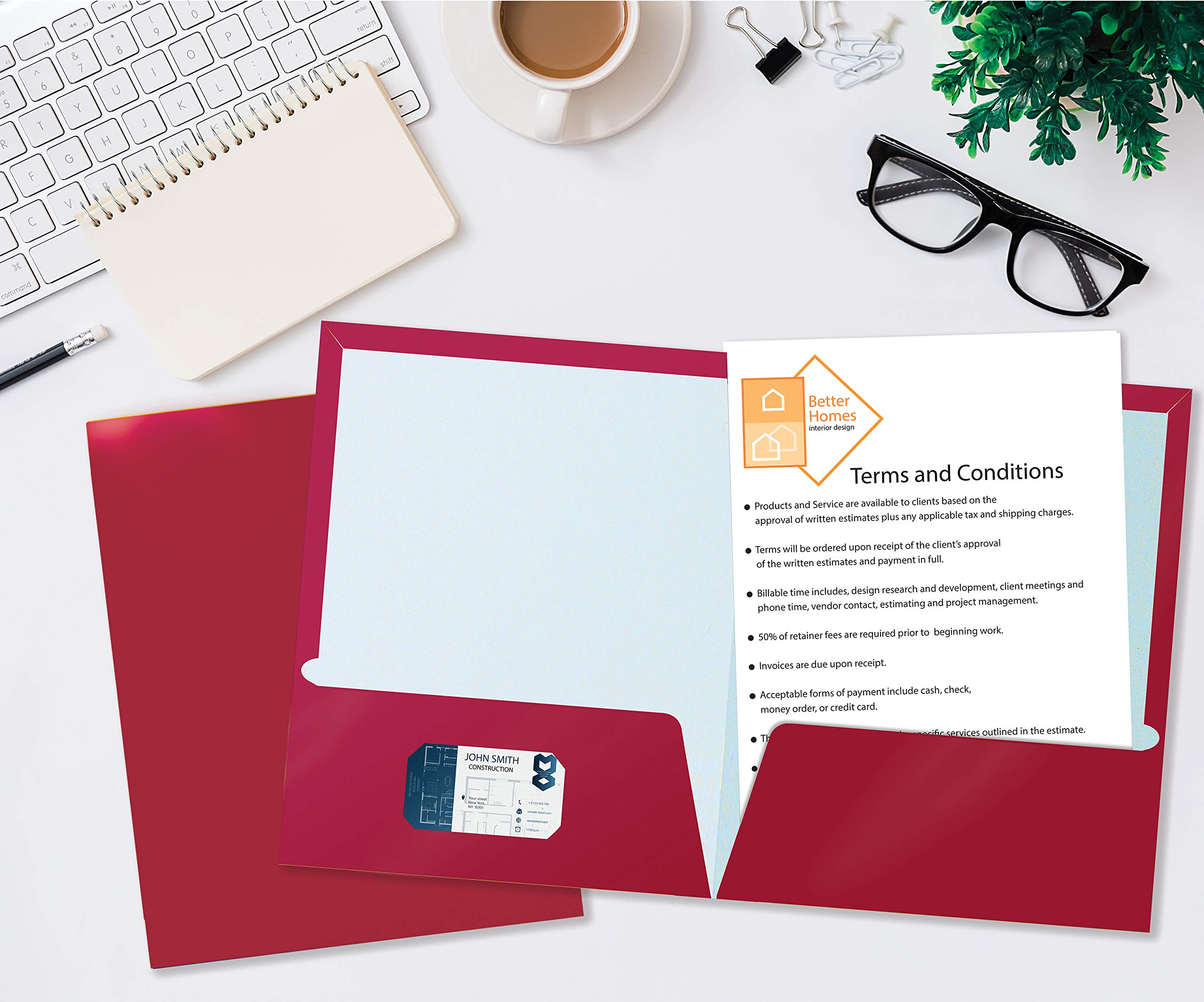 Premium 2-Pocket Glossy Laminated Burgundy Red Paper Folders - Letter Size (Box of 25) - Ideal for Office Documents, School Projects & Professional Presentations