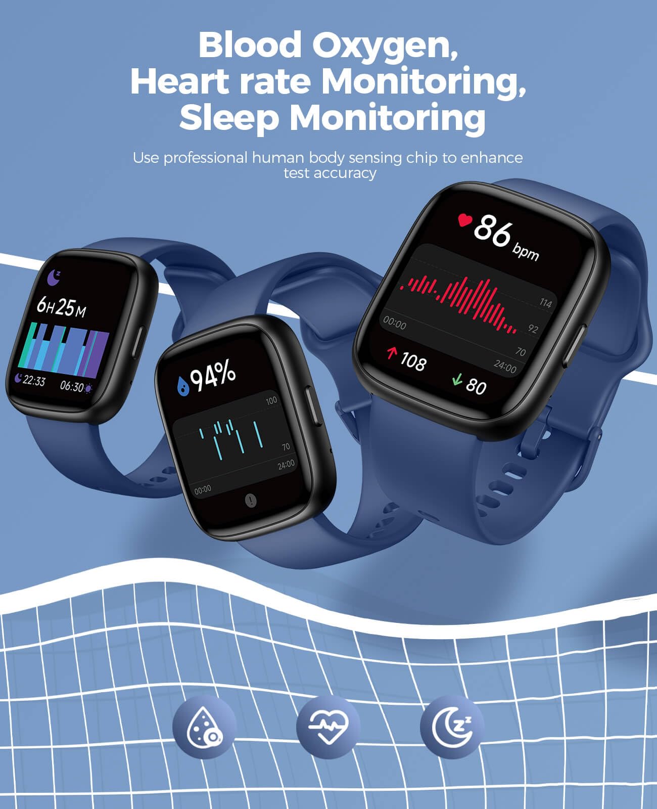 Smart Watch with Alexa Built-in, 100+ Fitness Tracker, IP68 Waterproof, Heart Rate & Sleep Monitor, 24/7 Blood Oxygen & Stress Tracking - Compatible with Android & iPhone (Blue) - Perfect for Workouts, Swimming & Daily Health Monitoring