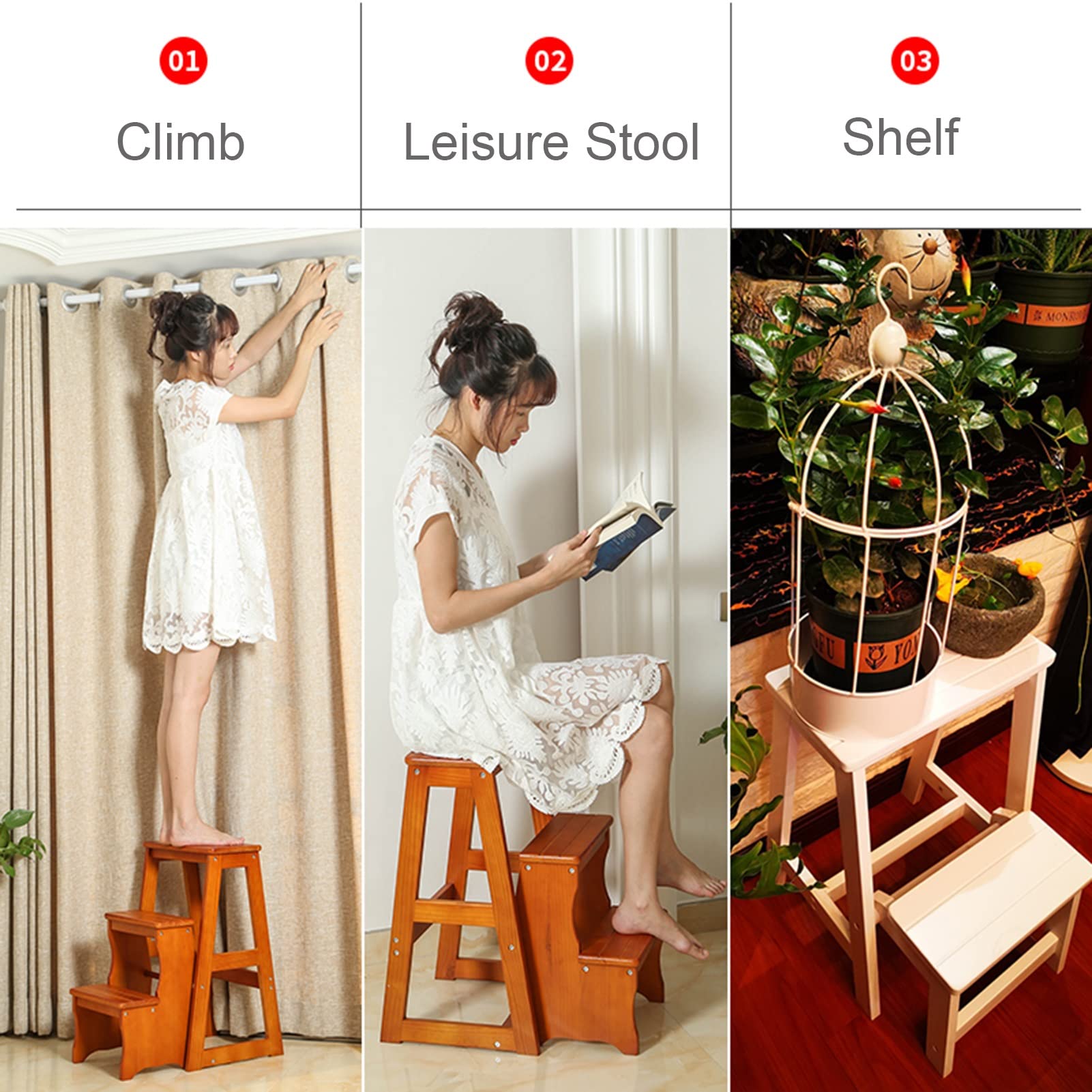 3-Step Folding Wooden Step Stool for Home - Indoor Climbing Stool, Foldable Ladder Chair for Kids & Adults - Perfect for Bookshelves, Kitchen, Bathroom & Storage