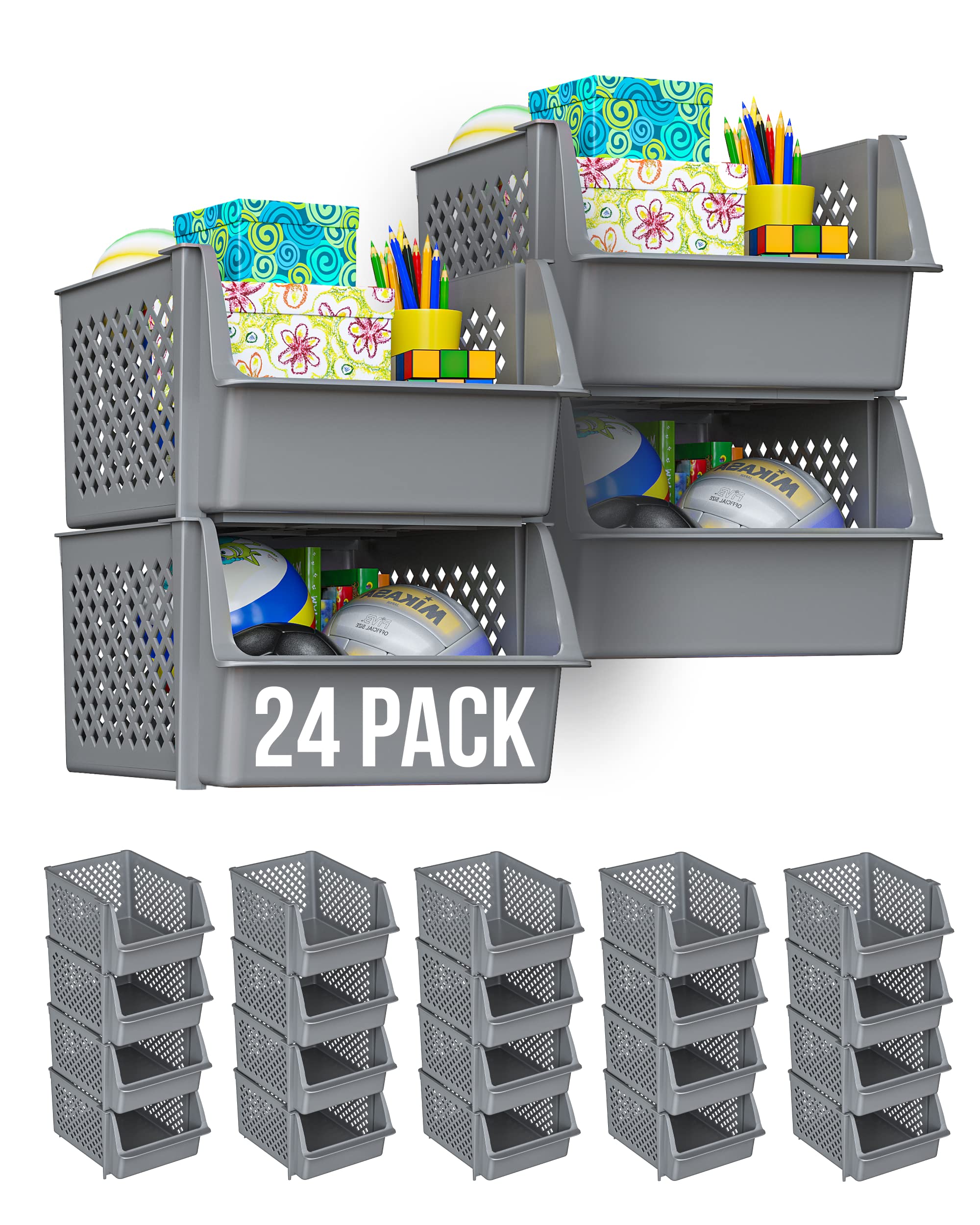 Skywin Plastic Stackable Storage Bins 24-Pack - Organize Pantry, Kitchen & Bathroom Essentials - Durable Grey Stackable Containers for Food, Spices & Toiletries - Perfect for Home Organization & Space Saving