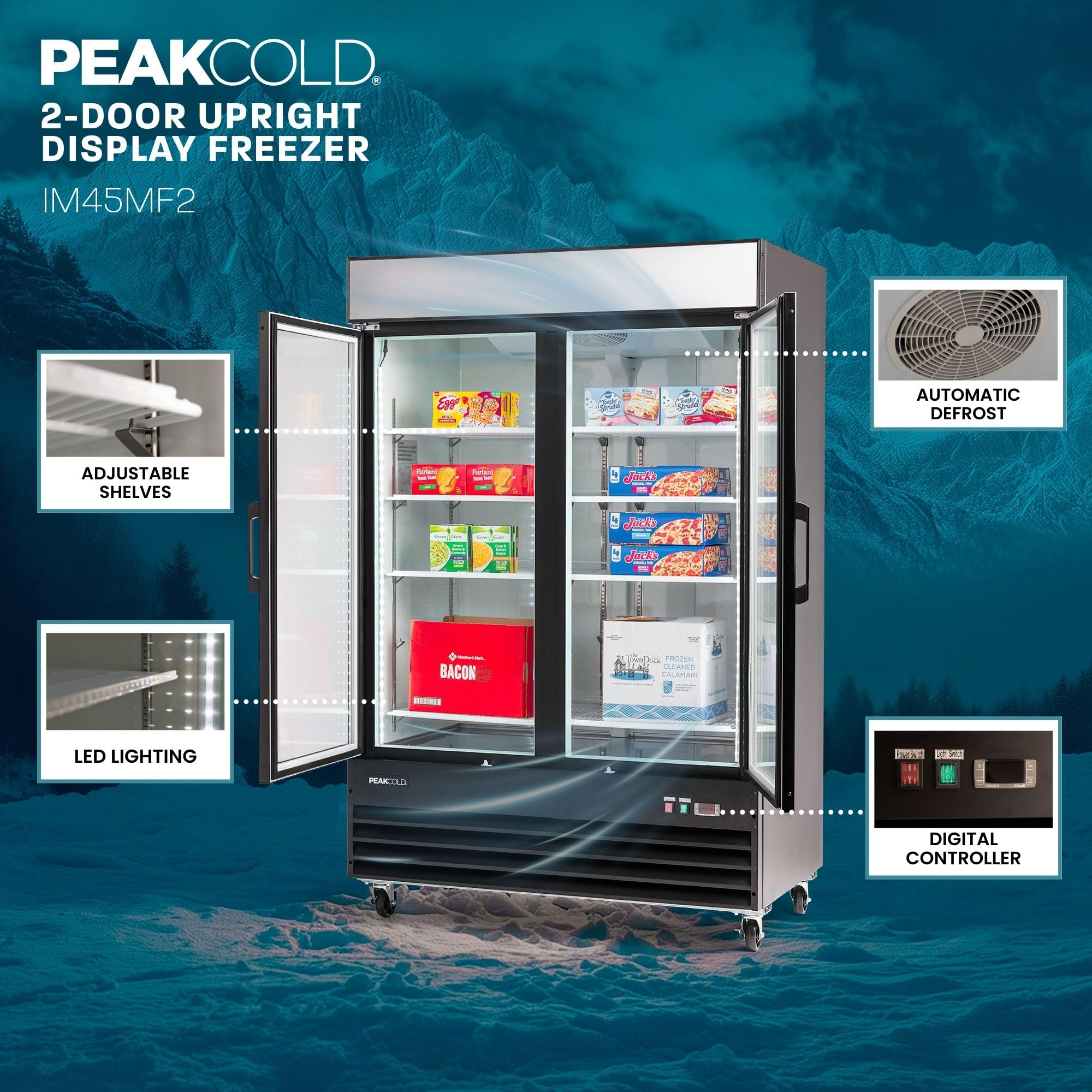 Peak Cold 45 Cu Ft Double Door Commercial Freezer - Large Capacity Upright Glass Door Merchandiser for Restaurants, Grocery Stores & Supermarkets