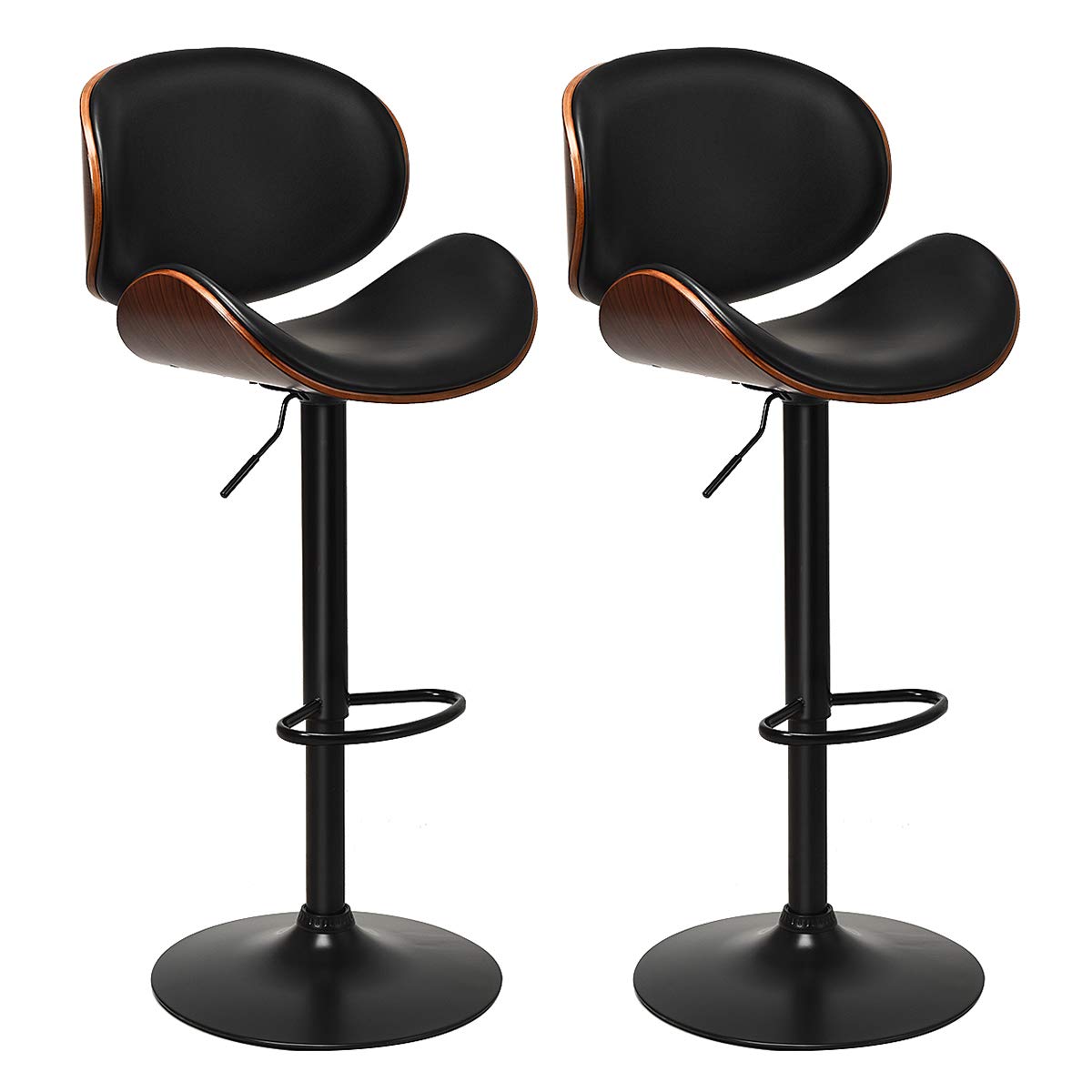 COSTWAY Adjustable Swivel Bar Stools Set of 2 with Back Support - 360° PU Leather Seat, Curved Footrest & Sturdy Iron Base - Extra Tall Bar Chairs for Kitchen Counter, Home Bar & Dining Room - Black