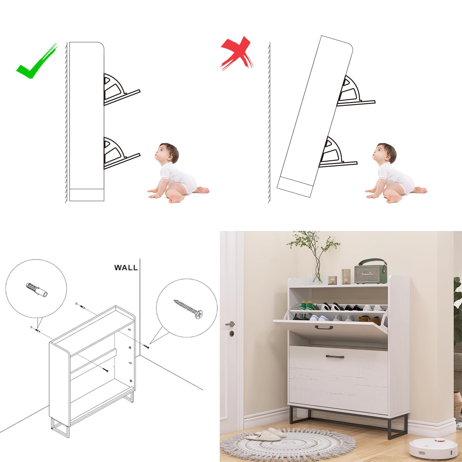 2-Tier Flip-Drawer Shoe Storage Cabinet - Narrow Entryway Shoe Organizer with Adjustable Shelves & Sturdy Metal Legs, Freestanding Hidden Shoe Rack for Hallway, Living Room - Grain White - Perfect for Small Spaces & Apartment Entry Organization