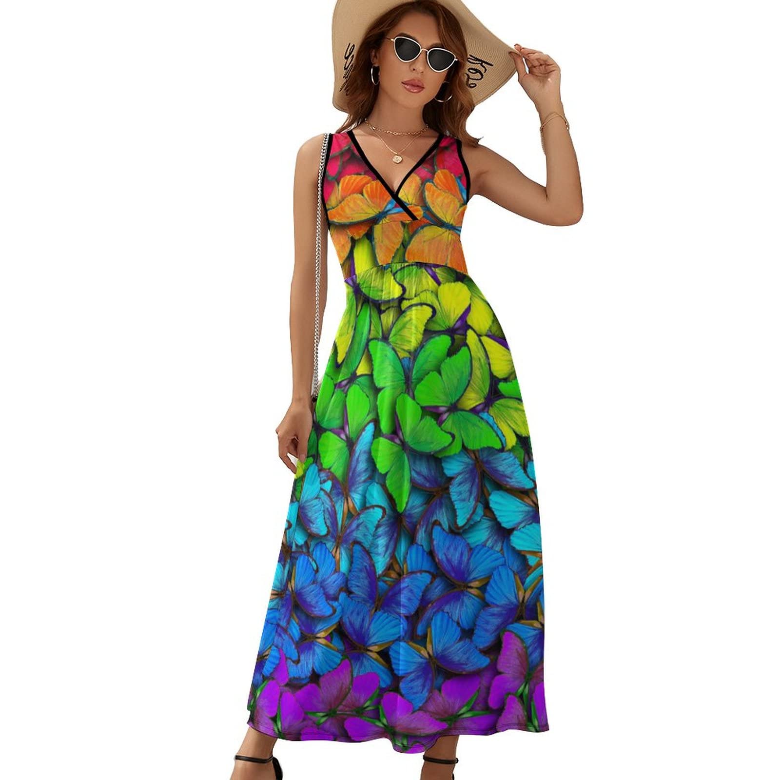 Women's Maxi Dress with Multicolored Butterflies Print - V Neck Sleeveless Summer Dress for Beach, Vacation & Casual Wear | Flowy Boho Chic Outfit