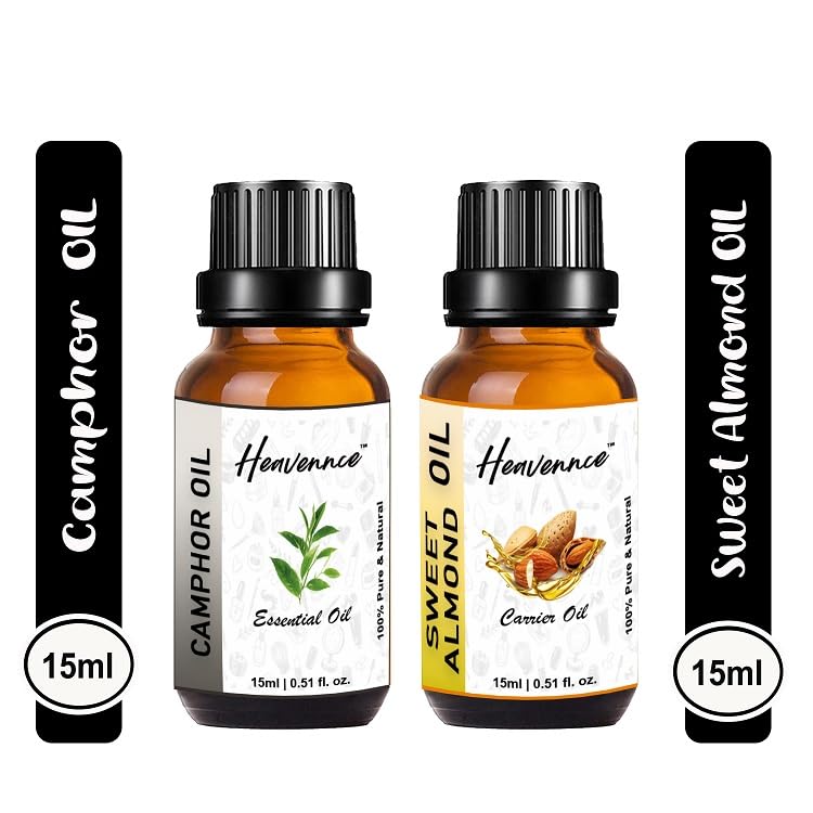 Heavennce Camphor Oil & Sweet Almond Oil Combo (30ml x 2) - Natural Hair & Skin Moisturizer, Pain Relief Massage Oil for Relaxation & Aromatherapy | Perfect for Spa, Yoga & Home Wellness