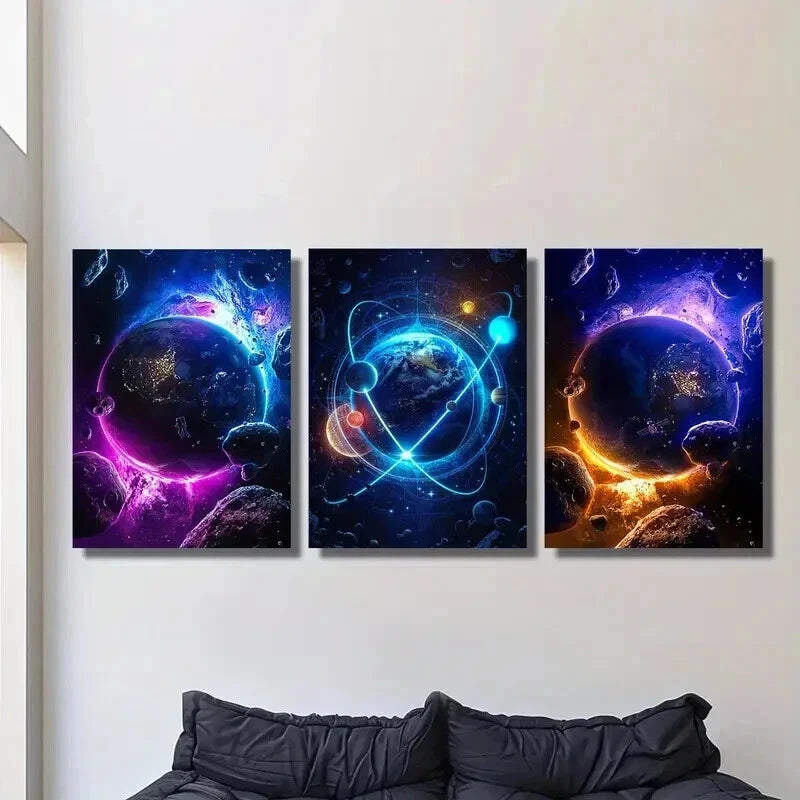 3-Piece Outer Space & Sci-Fi Fantasy Planets Wall Art Set - Framed Canvas 50x70cm (20x28in) - High Quality Print - 100% Australian Made - Ready to Hang - Perfect for Living Room, Bedroom & Office Decor