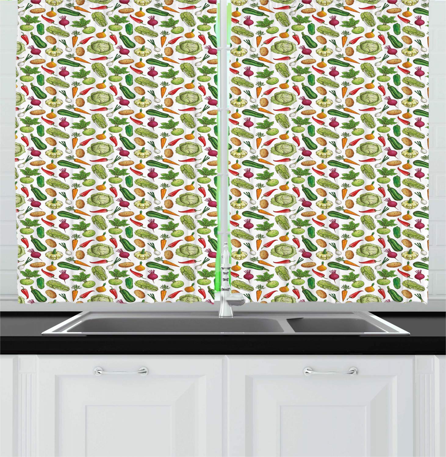 Ambesonne Vegetables Kitchen Curtains - Colorful Continuous Pattern with Healthy Food Designs, 2 Panel Window Drapes for Kitchen & Cafe Decor (55