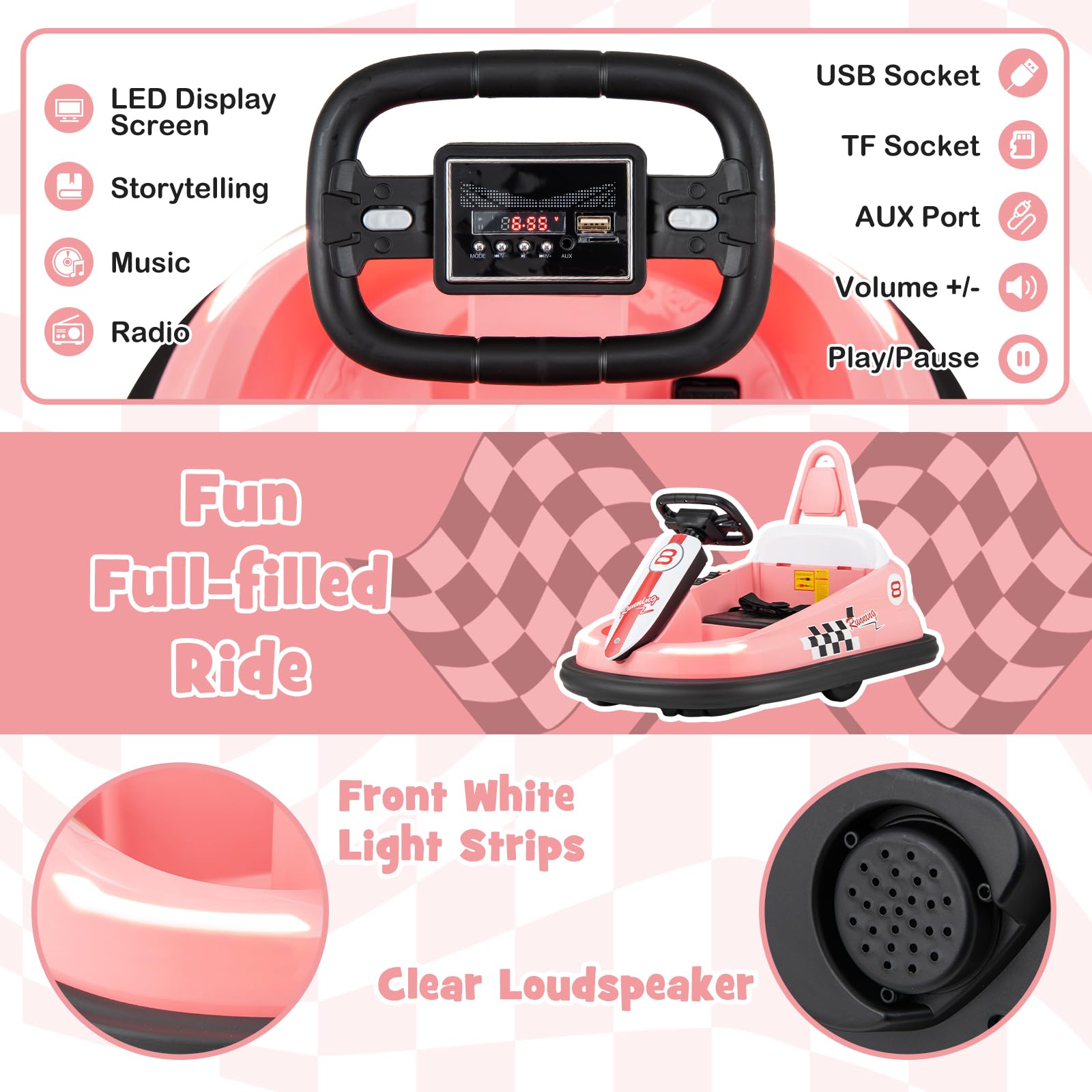 HONEY JOY 6V Battery Powered Toddler Bumper Car with Steering Wheel, Lights & Horn - 360 Degree Spin Electric Ride-On Toy with Music for Boys & Girls (Pink) | Perfect for Indoor Playrooms, Birthday Gifts & Outdoor Backyard Fun