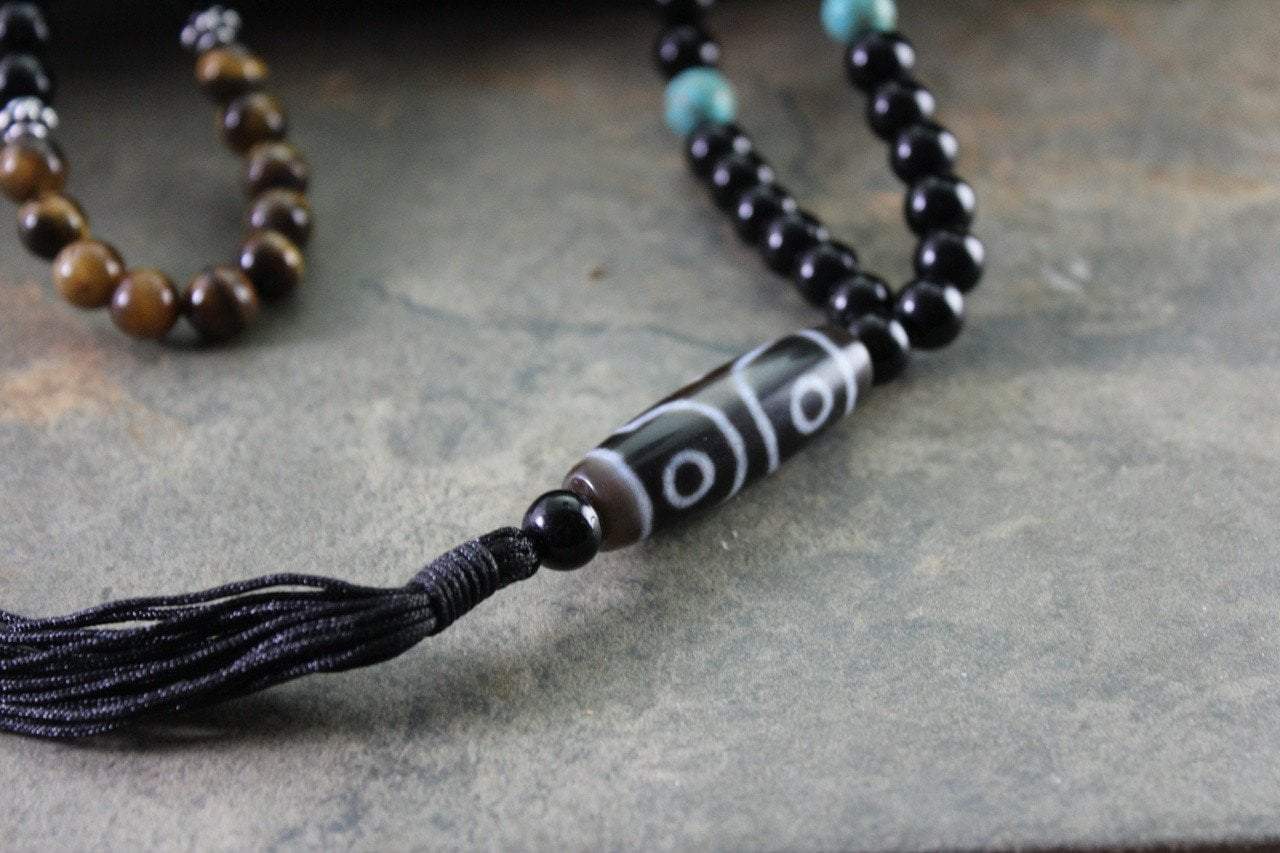3 Eye Dzi Beads Necklace with Tiger Eye and Turquoise - Tibetan Buddhist Protection Amulet for Meditation, Spiritual Healing & Positive Energy