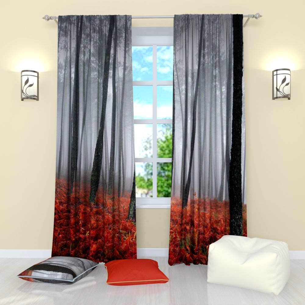 Woodland Curtains Set of 2 - Misty Forest Print Blackout Drapes with Rod Pocket, 84 Inch Length in Gray & Red | Perfect for Bedroom, Living Room, Kitchen & Dining Room Window Treatments | Nature-Inspired Home Decor for Cozy Cabin, Rustic or Modern Interior Design