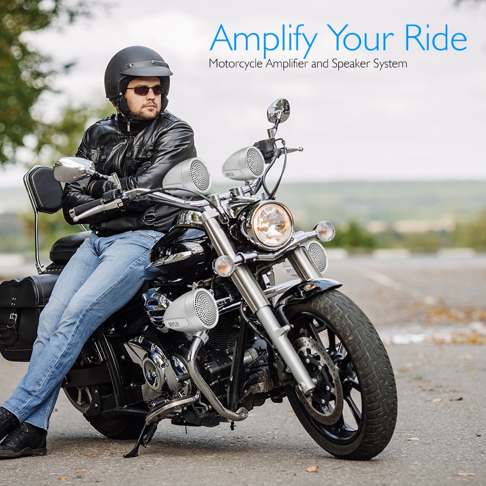 Pyle PLMCA90 1200W Waterproof Motorcycle & ATV Amplifier with Dual Handlebar Speakers, MP3/iPod Input & USB Charger (4-Piece Set) - Perfect for Off-Road Adventures & Long Rides