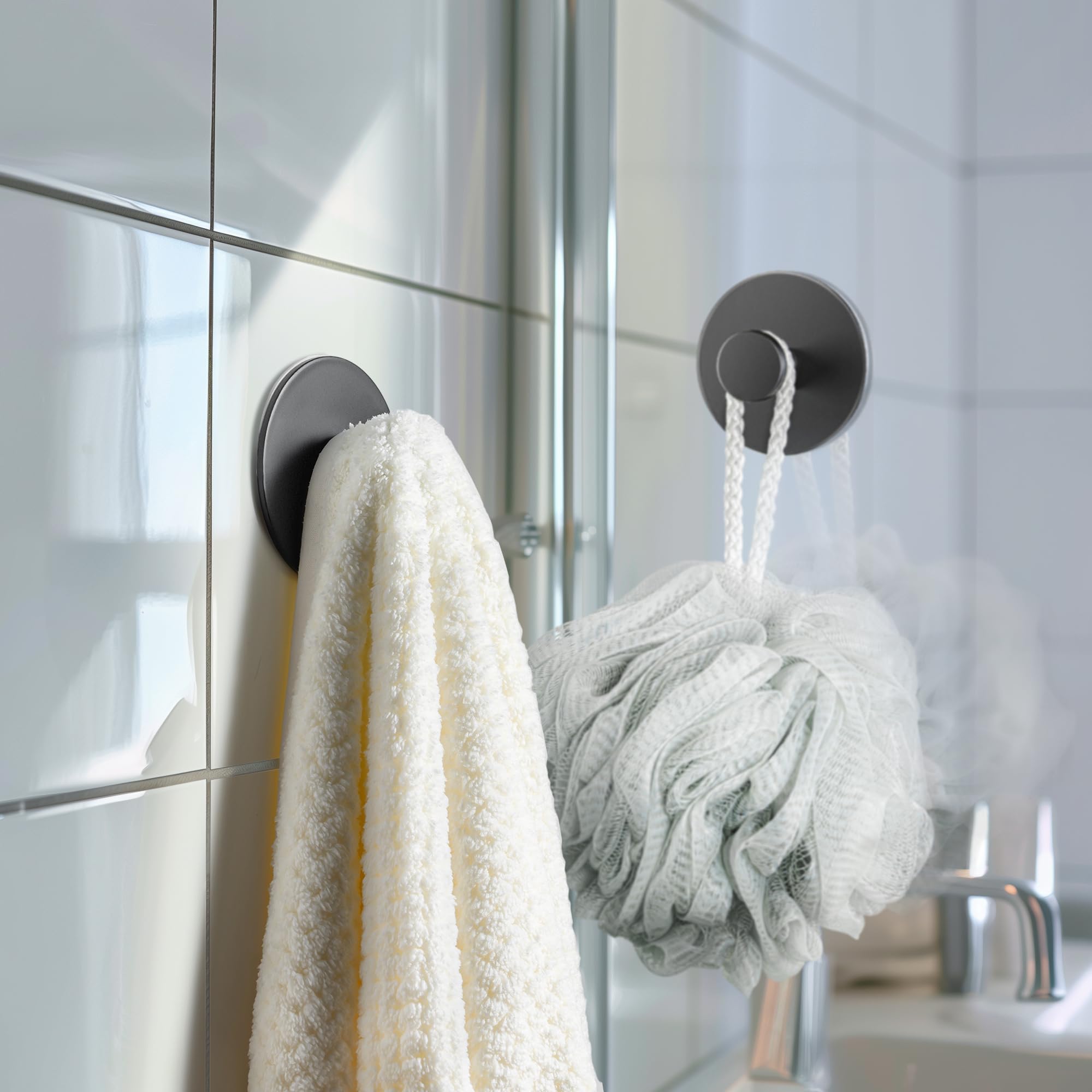 Stainless Steel Adhesive Bathroom Towel Hooks - Heavy Duty Wall Hooks Holds 12lbs, Multi-Purpose Coat Hangers for Shower, Kitchen & Bedroom Organization - Matte Black Space-Saving Home Accessories