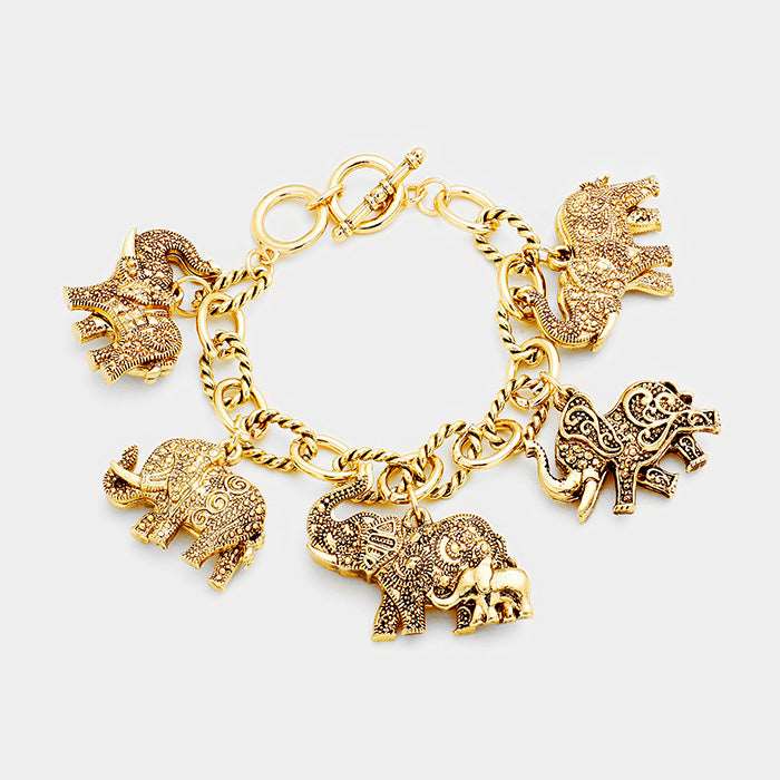 Vintage Gold Multi Elephant Charm Bracelet for Women - Elegant Boho Jewelry for Festivals, Parties & Everyday Wear