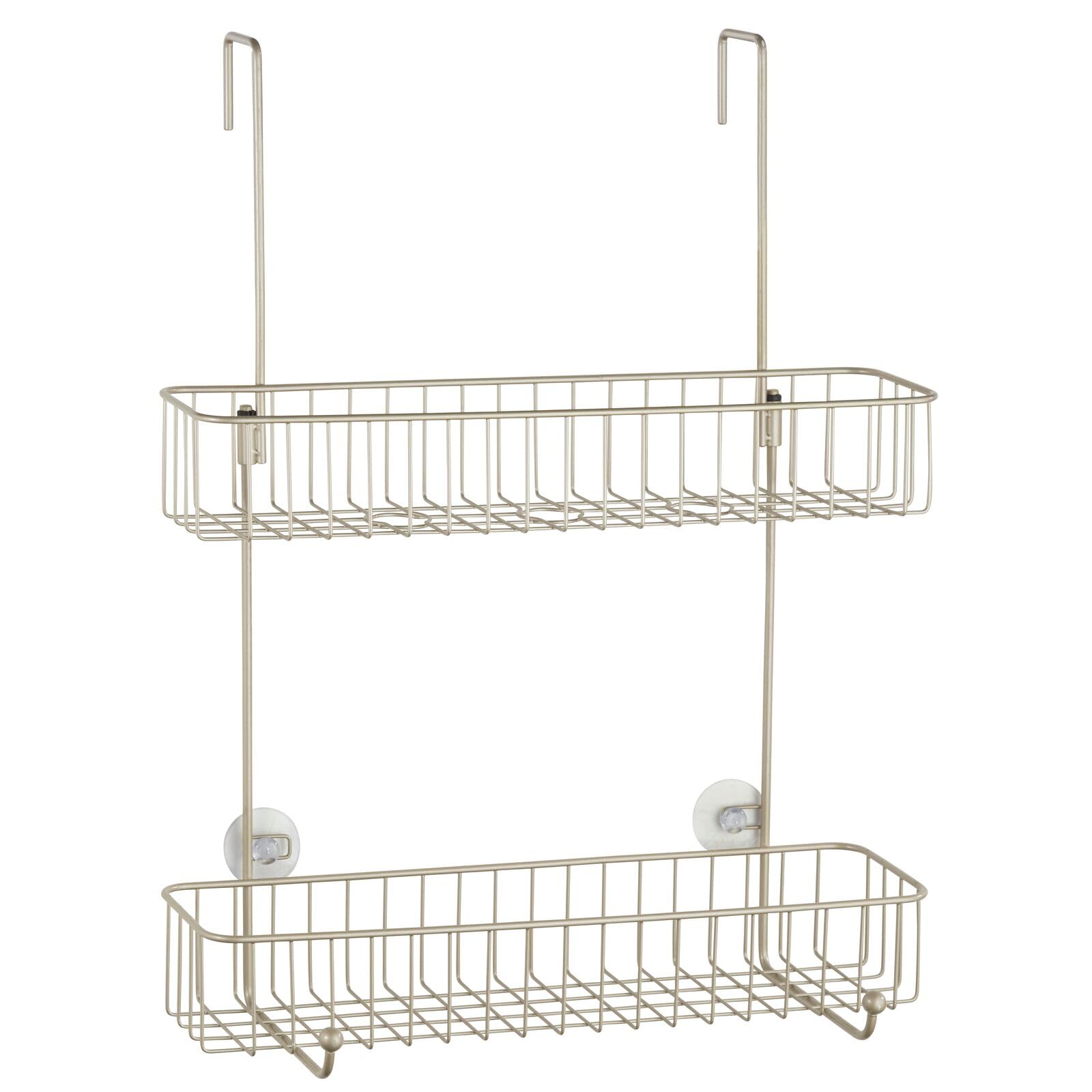 mDesign Extra Wide Metal Wire Over The Shower Door Caddy - 2-Tier Hanging Bathroom Storage Organizer with Built-in Hooks & Baskets for Shampoo, Body Wash, Loofahs - Satin Finish - Perfect for Small Bathrooms & Space-Saving Shower Organization