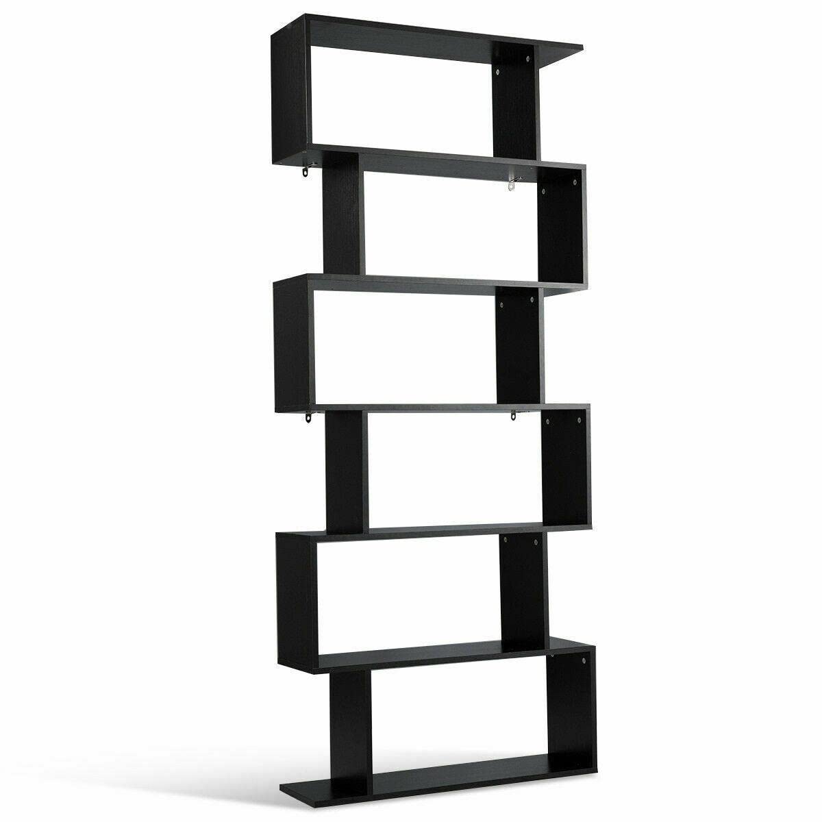 6 Tier S-Shaped Bookcase - Modern Z-Shelf Storage Display for Books, Magazines & Closet Organization - Black | Perfect for Living Room, Bedroom & Office Storage Solutions
