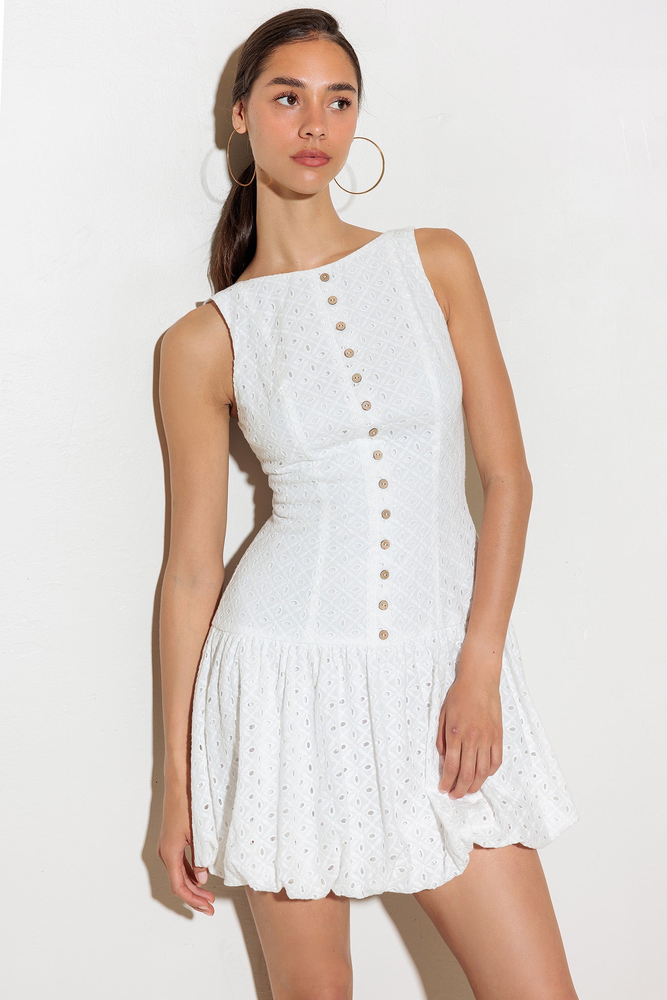 AT FIRST GLANCE White Eyelet Mini Dress - Flowy Summer Dress for Beach, Party & Date Night