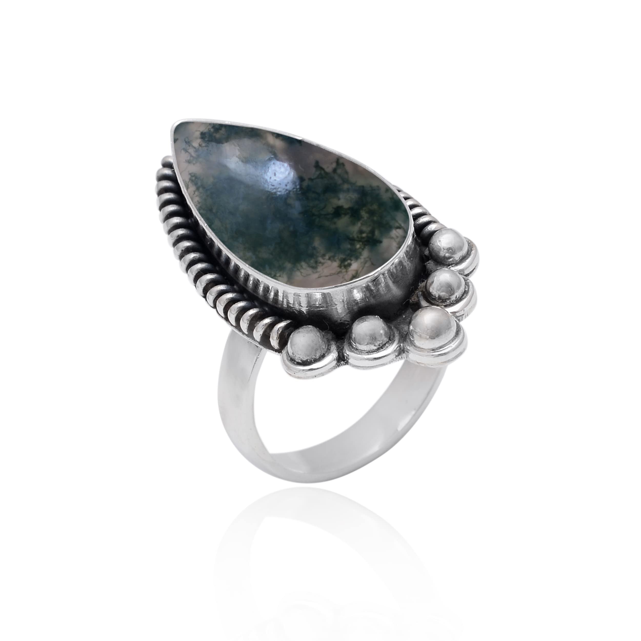 Veracity Jewelry Moss Agate Rings for Women - 925 Sterling Silver Healing Meditation Rings with Natural Green Gray Moss Agate Gemstone - Elegant Spiritual Jewelry for Yoga, Meditation & Everyday Wear - VSR-498