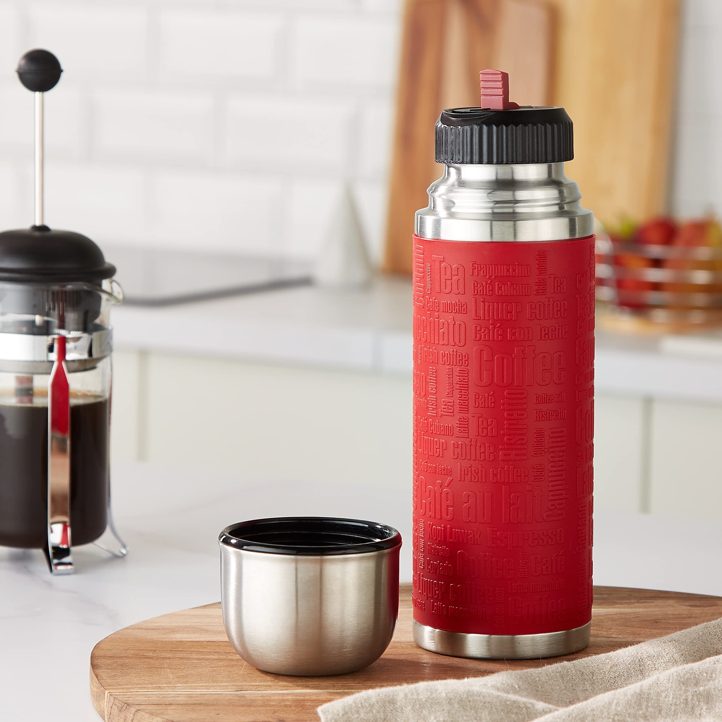 Emsa 515712 Senator Safe Loc Silicone Sleeve Insulated Flask - 0.5L (17oz) Leak-Proof Travel Mug, Red - Perfect for Coffee, Tea & Hot/Cold Drinks On The Go, Office & Outdoor Activities