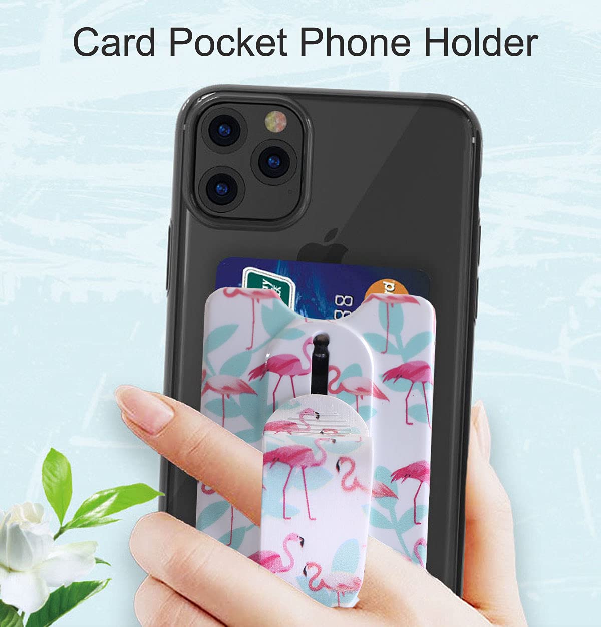 Detachable Phone Wallet with Kickstand & Grip - Wireless Charging Compatible for iPhone & Smartphones (Blue Flamingo) - Perfect for Selfies & Hands-Free Use