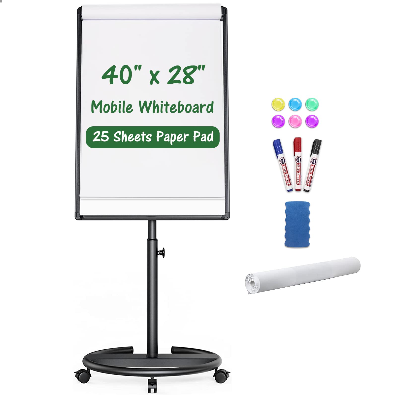 40x28 Inch Magnetic Dry Erase Whiteboard with Adjustable Stand - Mobile Flipchart Easel on Wheels, Includes Markers, Magnets & Eraser (Black) - Perfect for Classrooms, Offices & Home Workspaces