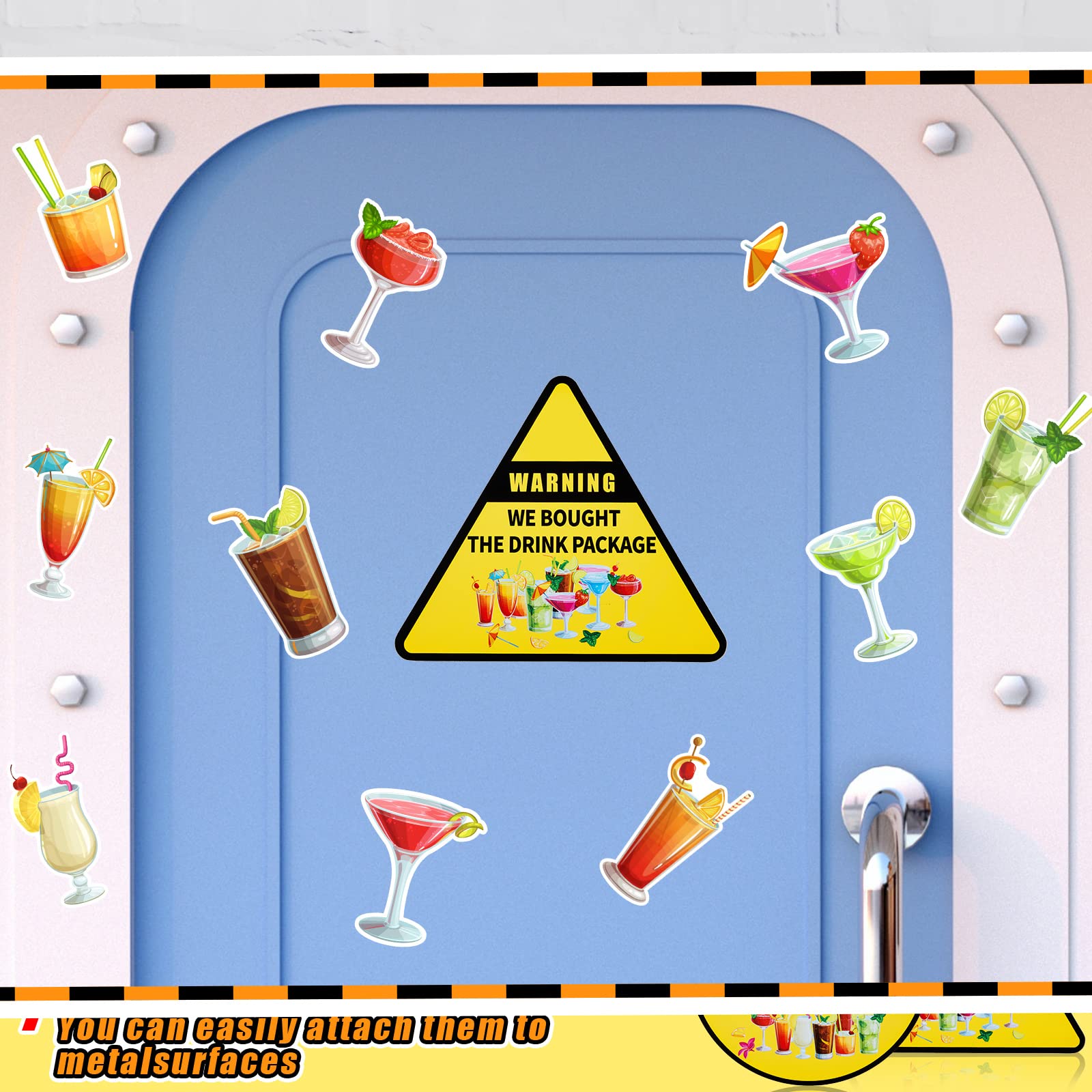 13 Pcs Tropical Drink Cruise Door Magnets - Personalized Funny Magnetic Decor for Carnival, Birthday & Cruise Ships (Warning Cocktail Design) - Perfect for Summer Parties, Themed Events & Cabin Decorations