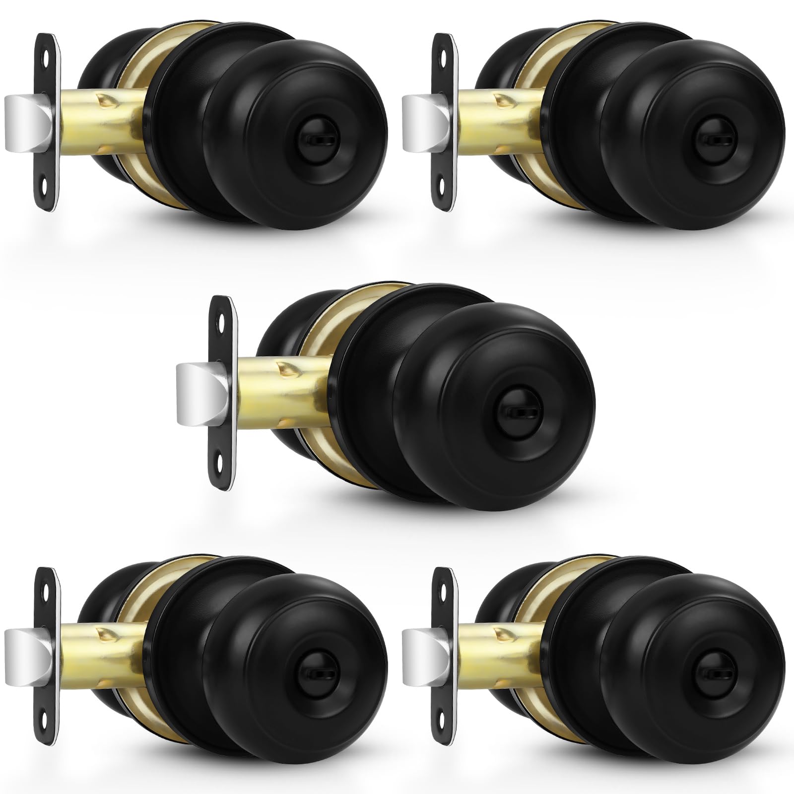 5 Pack Black Privacy Door Knobs - Keyless Interior Door Handles for Bedroom & Bathroom - Easy Install for Left/Right Doors