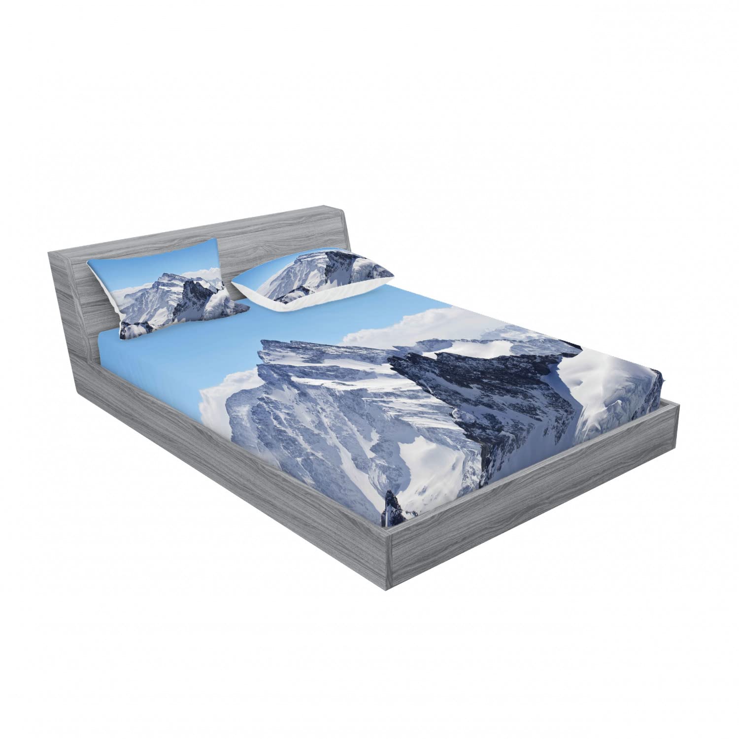 Ambesonne Winter 2 Pack Queen Size Fitted Sheet & Pillow Sham Set - Snowy Mountain Peaks Design, Blue and White 4 Piece Bedding Set (2 Fitted Sheets + 4 Pillow Covers) for Cozy Cabin Retreats & Mountain Lodge Decor