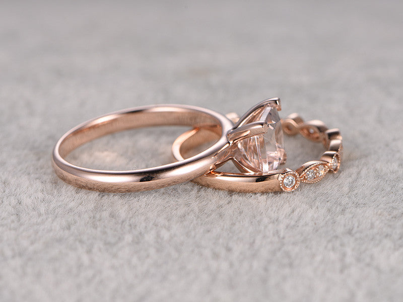 6.5mm Princess Cut Morganite & Diamond Wedding Ring Set in 14K Rose Gold with Marquise Eternity Band – Perfect for Engagement, Bridal Jewelry, and Anniversary Gifts