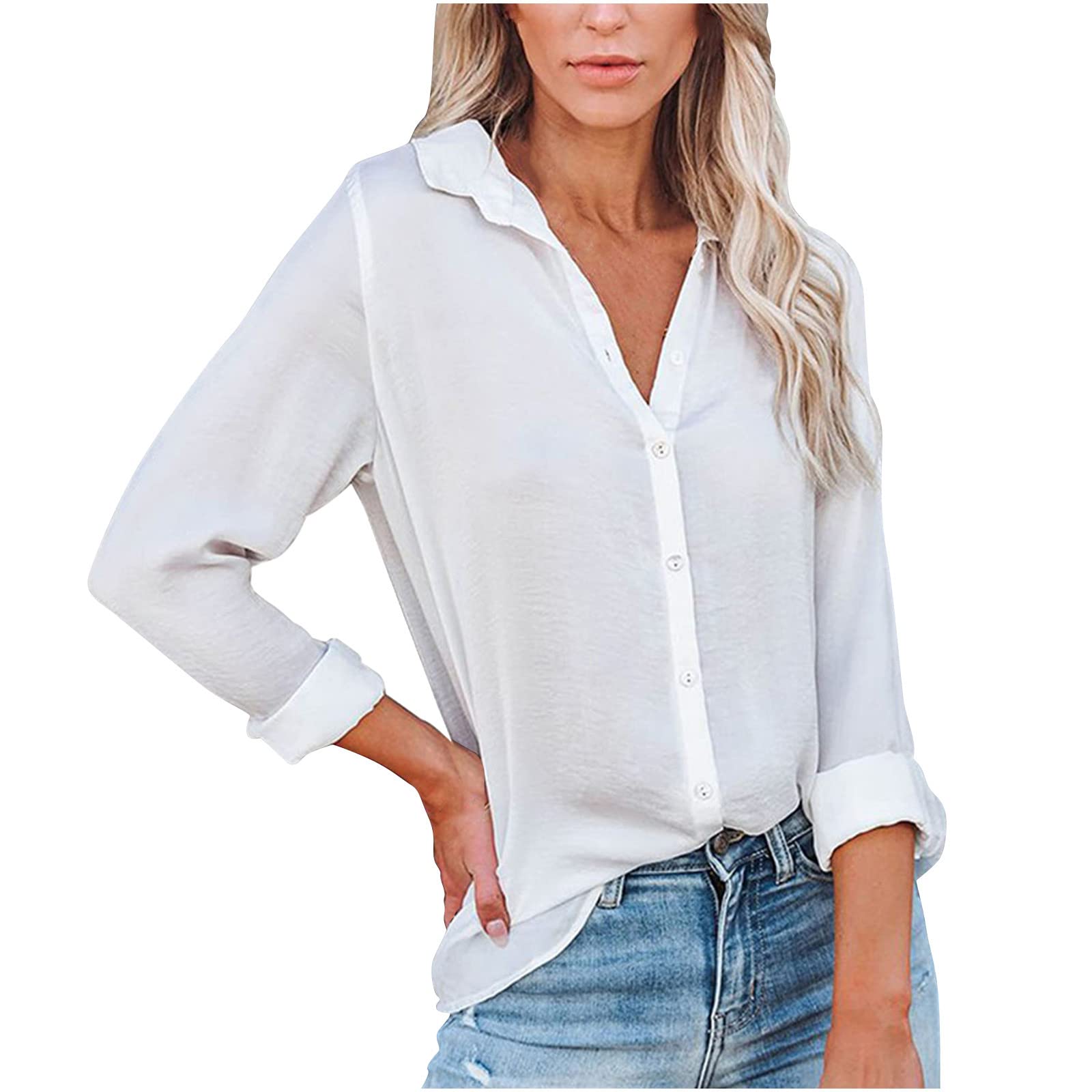 Women's Summer Tops - Solid Color Long Sleeve Lapel Shirt, Casual Tunic Blouse for Work & Outings | Office Wear, Date Night & Weekend Outfits