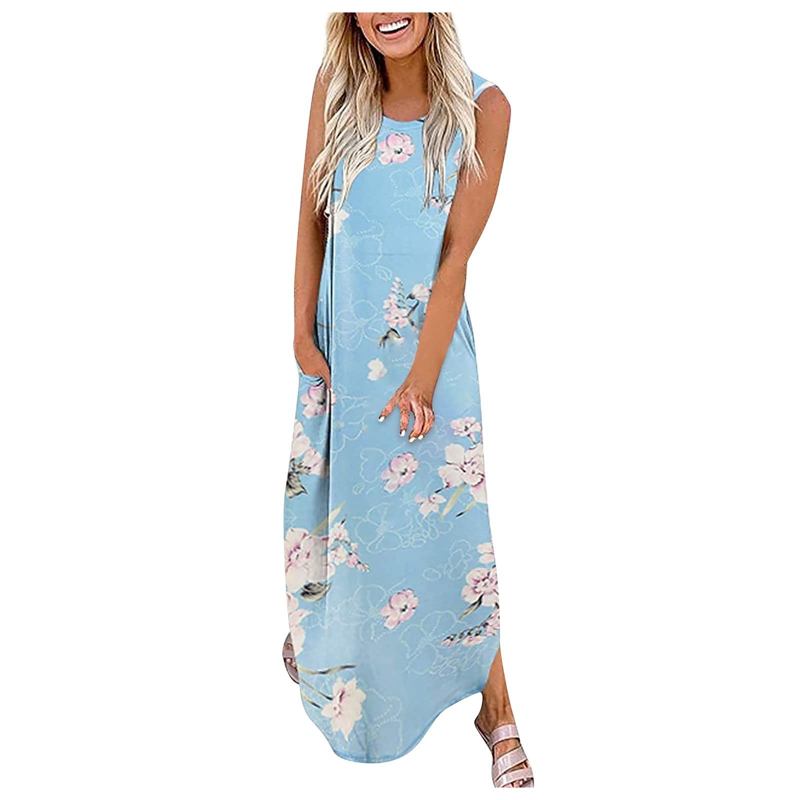 2022 Summer Casual Dresses for Women - Flowy Loose Fit Printed Maxi Dress with Pockets & Side Slit, Sleeveless Beach Sundress (Sizes S-2XL) | Perfect for Beach Vacations, Pool Parties & Summer Outings