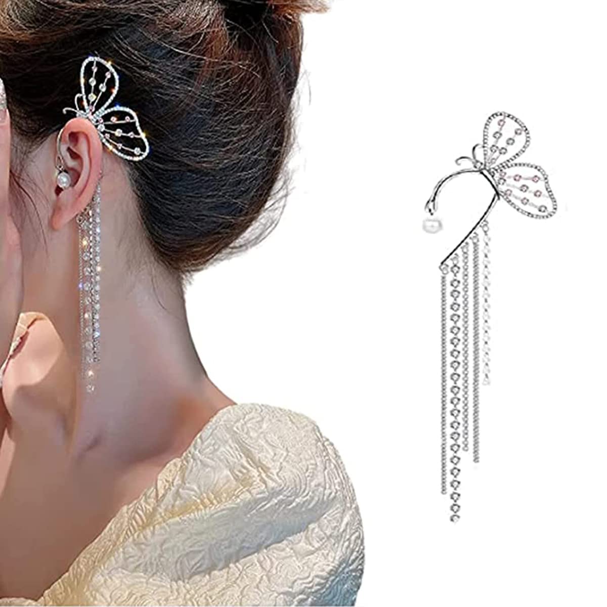 Trendy Long Butterfly Clip Earrings - Sparkling Over Ear Tassel Dangle Cuff Earrings for Women (Non-Pierced Right Ear) | Perfect for Parties, Weddings & Special Occasions