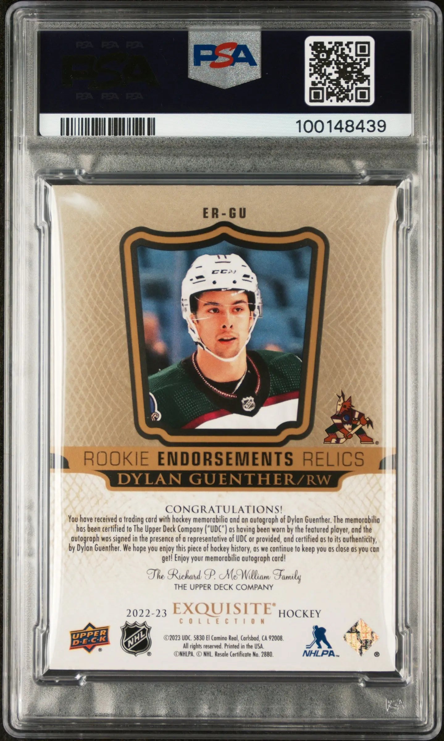 2022 UD The Cup Exquisite Dylan Guenther Autograph Relic Card PSA 9 /50 - Hockey Collectible for Display & Investment