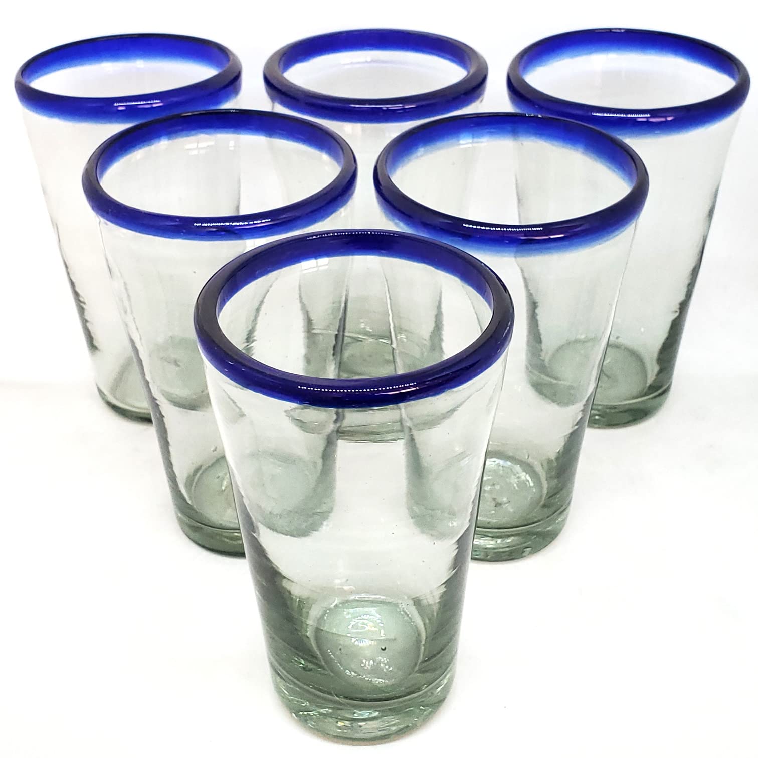 Eco-Friendly Cobalt Blue Rim 16 oz Pint Glasses Set of 6 - Recycled Lead-Free & Toxin-Free Glassware for Beer, Cocktails & Home Bar Decor