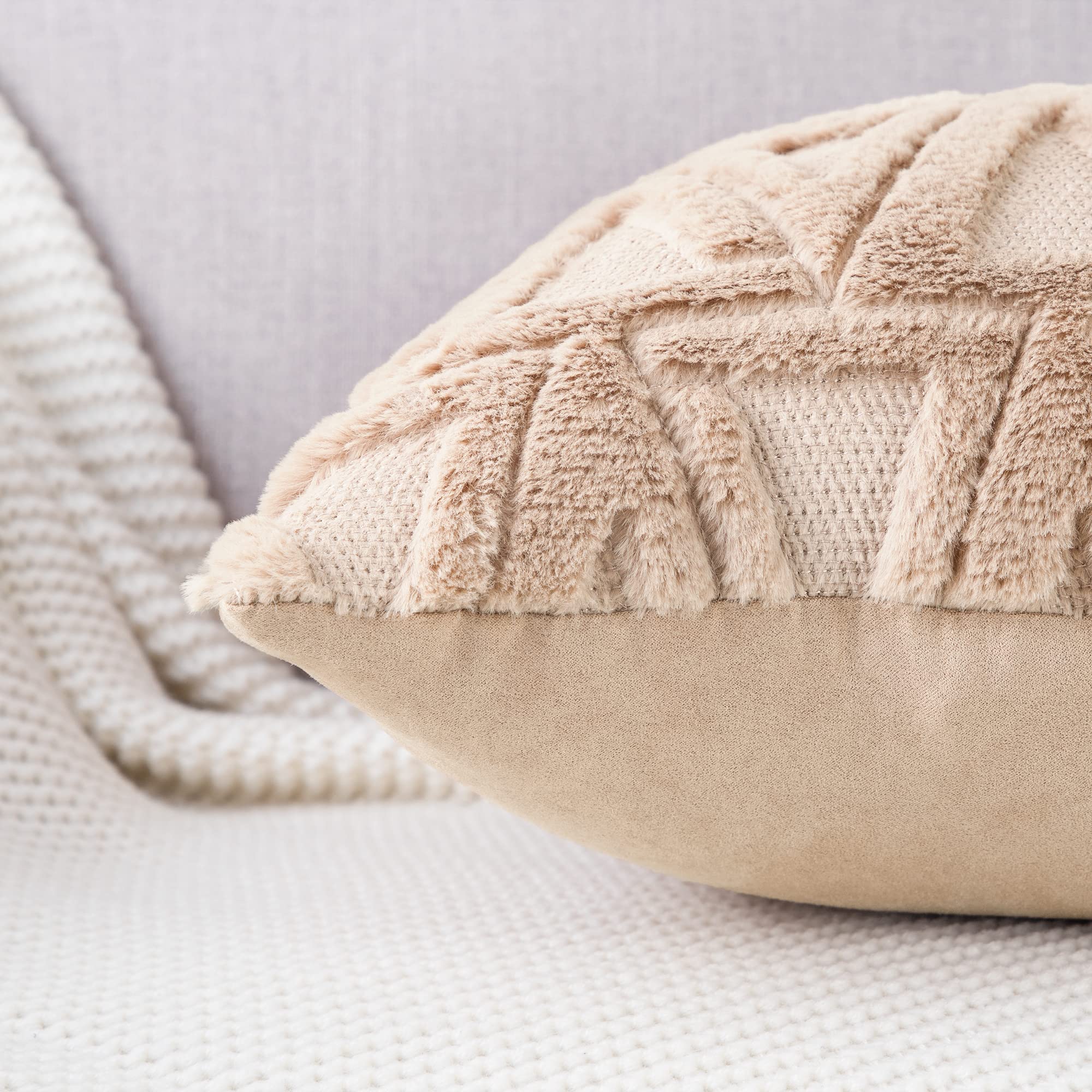 Boho Velvet Throw Pillow Covers Set of 2 - 20x20 Inch Super Soft Khaki Plush Short Wool Decorative Pillowcases for Sofa, Bedroom & Living Room - Perfect for Cozy Home Decor and Farmhouse Style Interiors