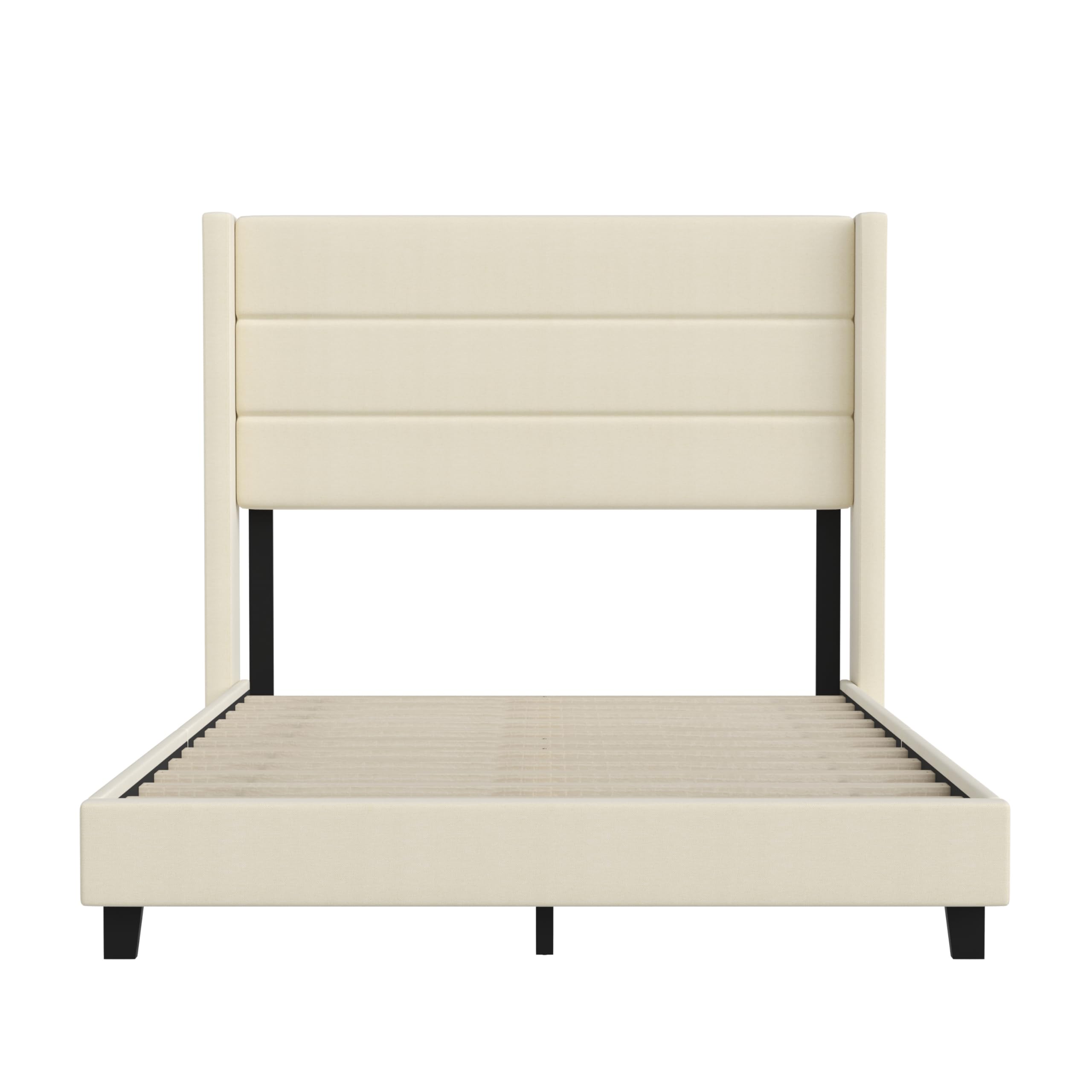 Quinn Upholstered Platform Bed Frame - Full Size with Beige Faux Linen Wingback Headboard & Slatted Mattress Support - No Box Spring Needed - Perfect for Modern Bedrooms & Guest Rooms