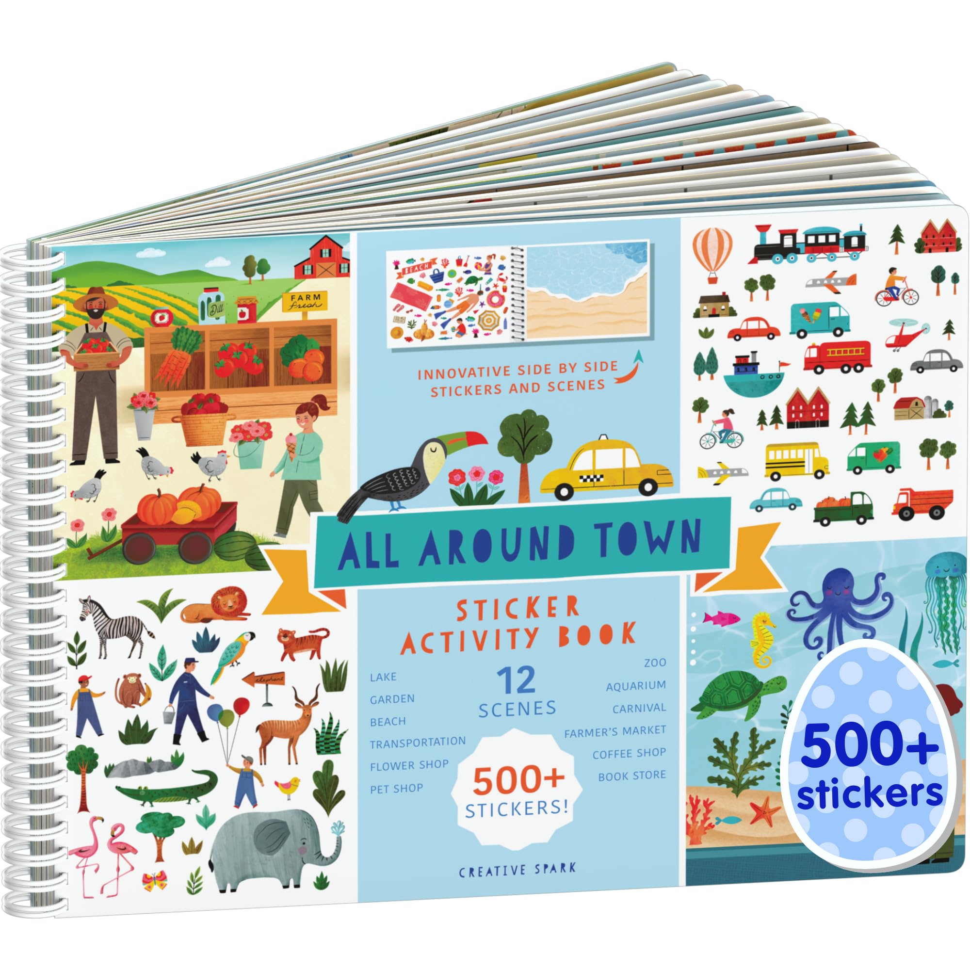 500+ Kids Stickers Book for Ages 2-10 - All Around Town by Cupkin with 12 Coloring Pages & 12 Side by Side Scenes | Fun Travel Activity, Easter Basket Essential for Toddlers & Preschoolers | Perfect for Road Trips, Airplane Entertainment & Birthday Gifts