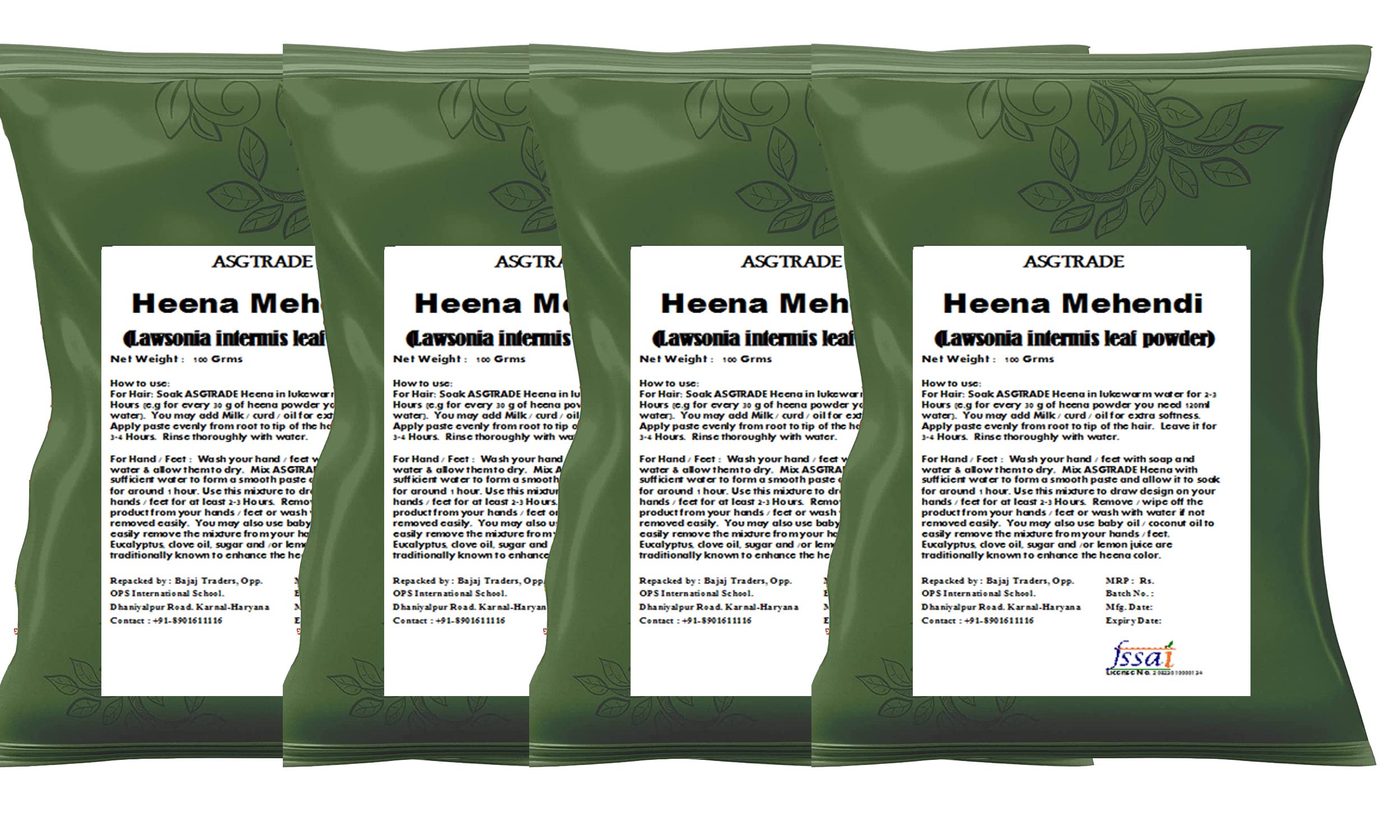 ASGTRADE Natural Henna Mehendi Herbal Powder - 100g x 4 Pack for Body Art, Hair Dye & Temporary Tattoos | Safe for Skin & Hair | Perfect for Weddings, Festivals & DIY Beauty