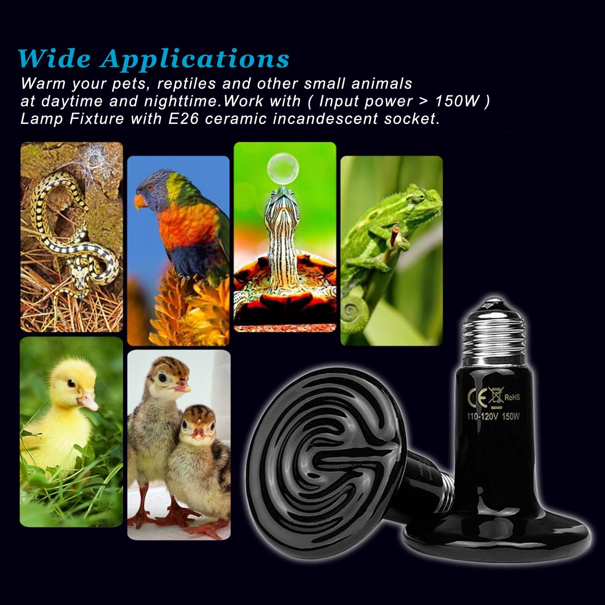 150W Ceramic Heat Emitter Bulb - 2 Pack E26 Reptile Heat Lamp with No Light Emission - Ideal for Turtles, Lizards, Snakes, Bearded Dragons & Amphibians - Perfect for Pet Brooders, Chicken Coops & Terrarium Heating - Durable Ceramic Heating Element for Constant Warmth
