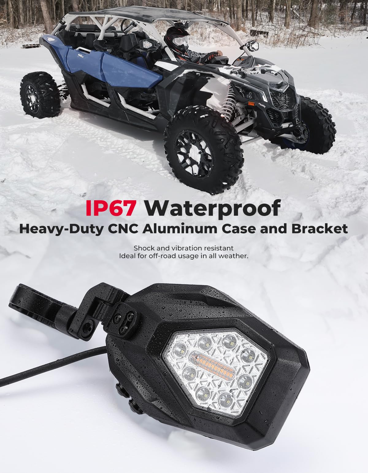 KEMIMOTO UTV LED Side Mirrors with Turn Signal, Spot & Ground Light - Heavy Duty Rally Mirrors for 1.6-2
