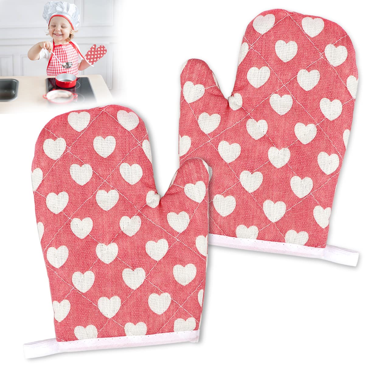 DOERDO 2 Pack Heat Resistant Kids Oven Mitts for Children Ages 4-12 (7