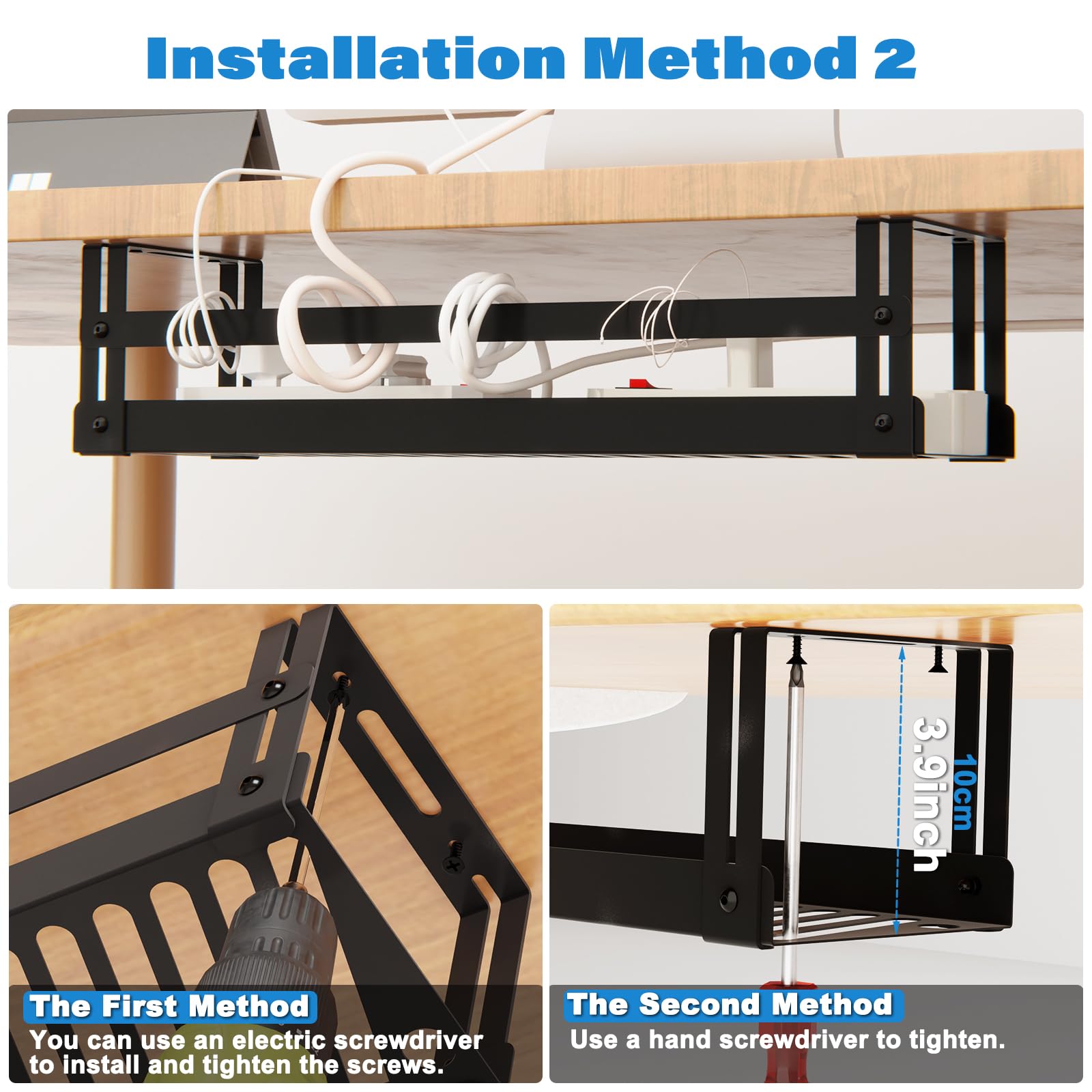 Under Desk Cable Management Tray - 17 Inch Metal Wire Organizer with Power Strip Holder, Cord Hider for Home Office Desk - Keep Workspace Neat & Tangle-Free for Computers, Monitors & Electronics