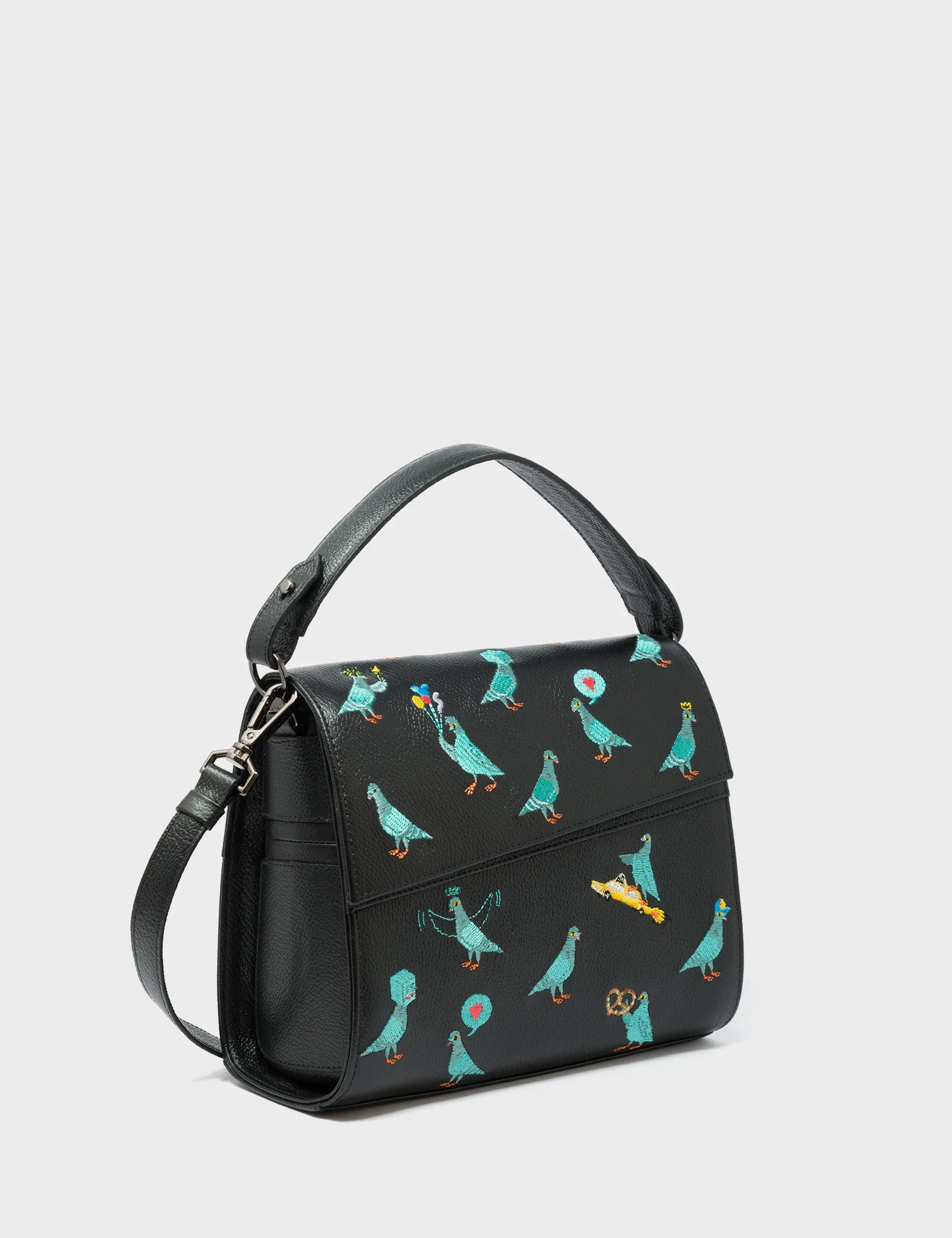 Anastasio Mini Crossbody Handbag - Black Genuine Leather with Pigeonista Embroidery | Stylish & Compact Purse for Women | Perfect for Everyday Use, Travel & Date Nights